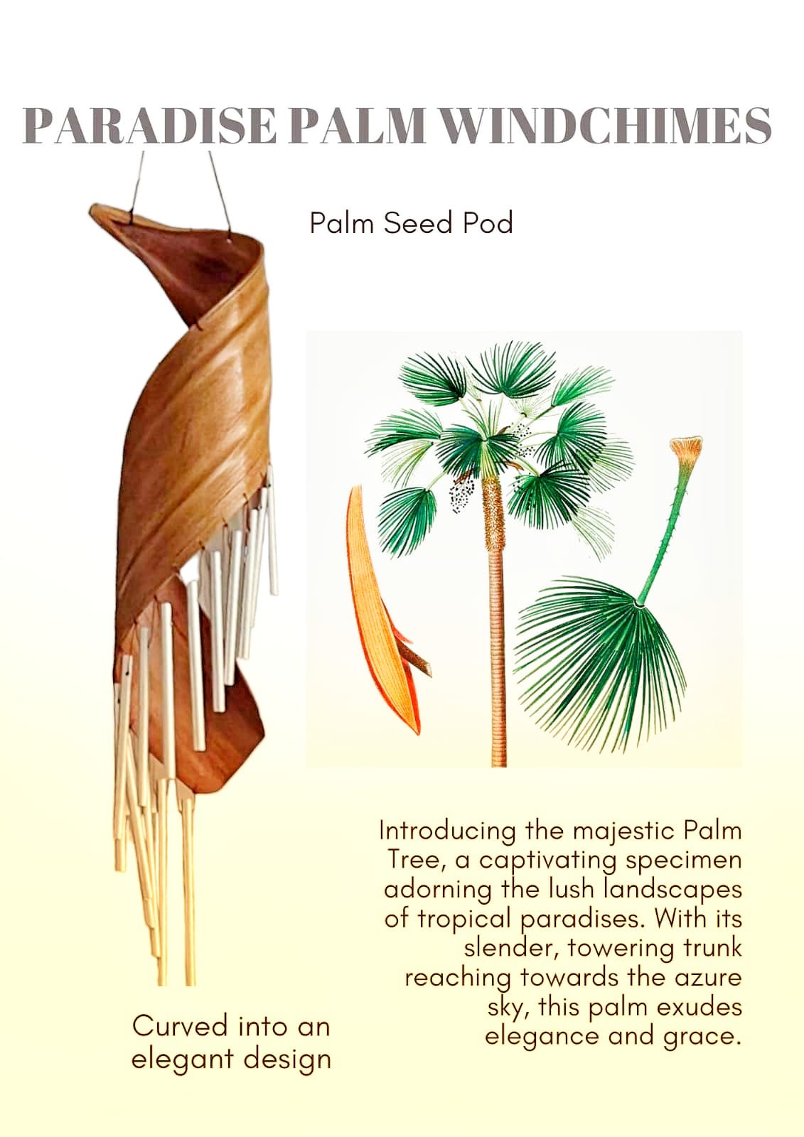 Paradise Palm Wind Chime, Handcrafted in Bali, Unique Design for Indoor or Outdoor, 14.2 Inches Base to top