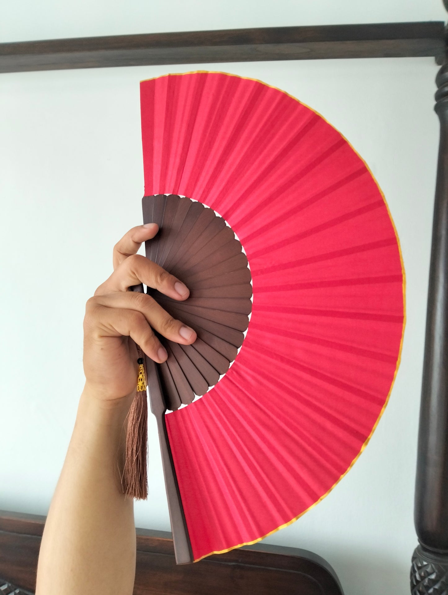 Scarlet Rose Wooden Folding Hand Fan, Handmade in Bali, Keep Cool in Style at Church Weddings Parties, Travel, Beach Pool, Easy Carry, Excellent Boho Gift for Mom & Grandma, Home Decoration