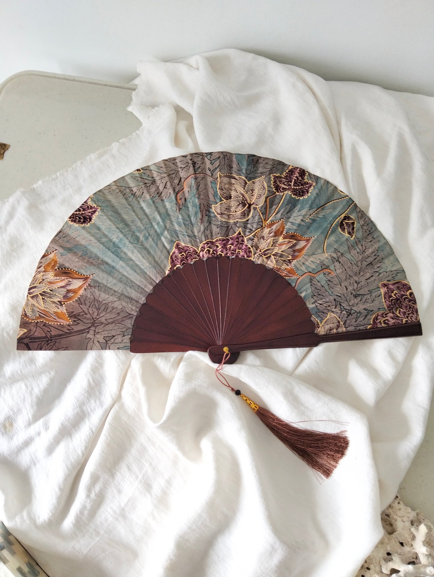 Golden Sunset Foldable fan, Handmade in Bali, Satin and Pine Wood, Keep Cool in Style at Weddings, Church, Outdoor parties, travel, the pool & the beach, Great Gift for Mom, Grandma, Wife, Girlfriend