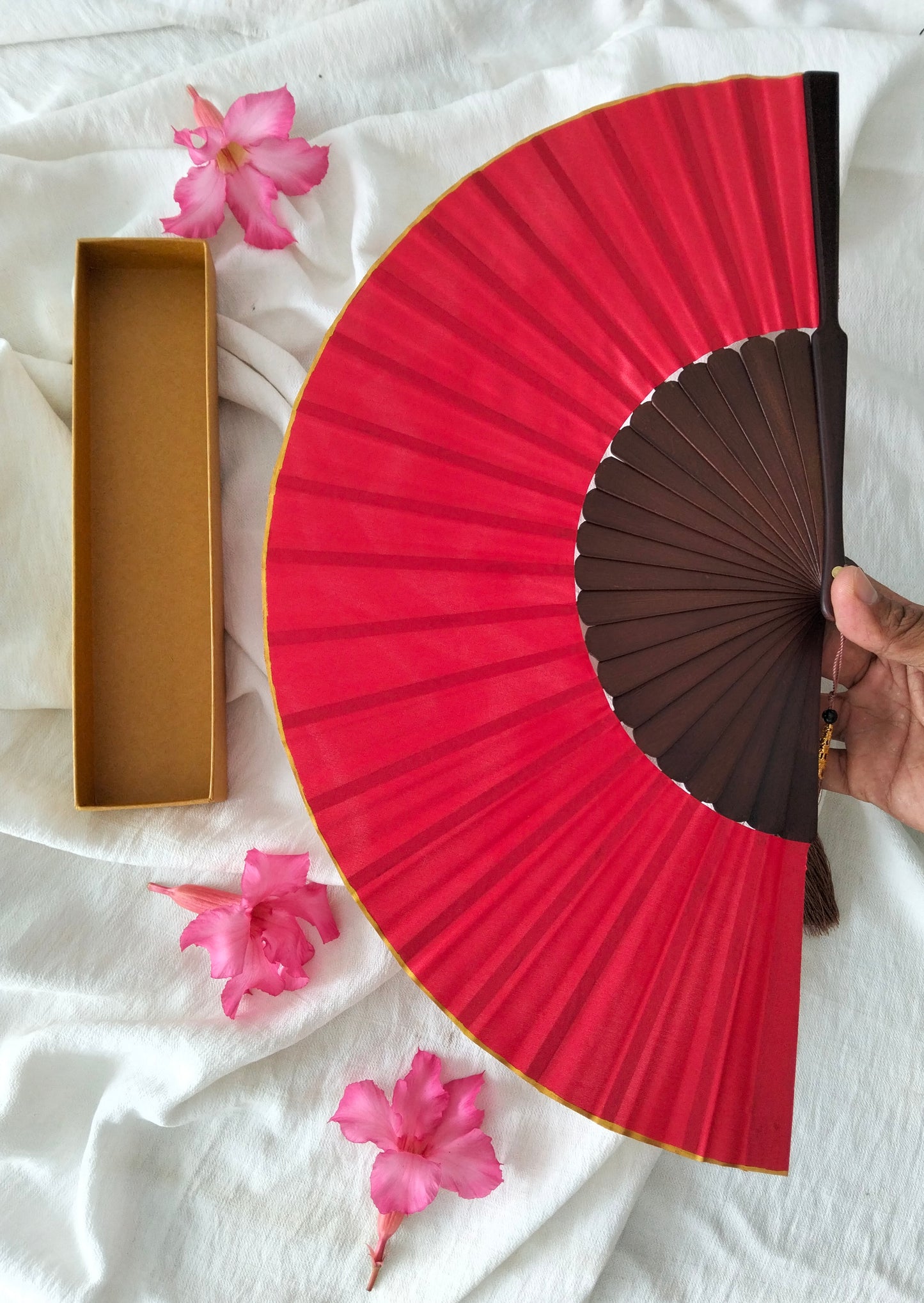 Scarlet Rose Wooden Folding Hand Fan, Handmade in Bali, Keep Cool in Style at Church Weddings Parties, Travel, Beach Pool, Easy Carry, Excellent Boho Gift for Mom & Grandma, Home Decoration