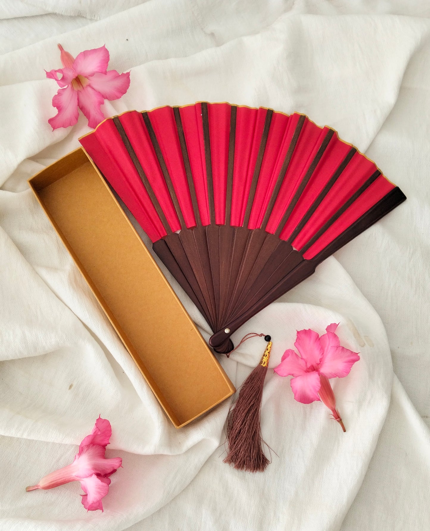 Scarlet Rose Wooden Folding Hand Fan, Handmade in Bali, Keep Cool in Style at Church Weddings Parties, Travel, Beach Pool, Easy Carry, Excellent Boho Gift for Mom & Grandma, Home Decoration