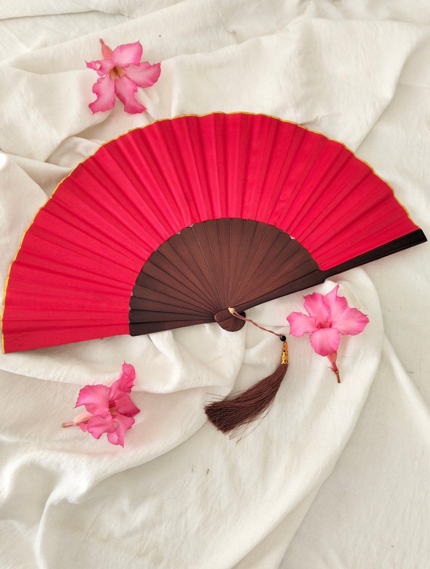 Scarlet Rose Wooden Folding Hand Fan, Handmade in Bali, Keep Cool in Style at Church Weddings Parties, Travel, Beach Pool, Easy Carry, Excellent Boho Gift for Mom & Grandma, Home Decoration