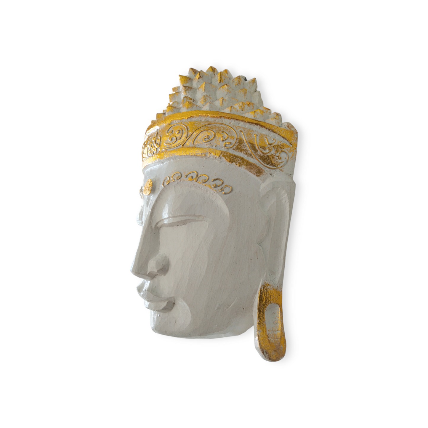 Zen Spirit White Buddha Mask with Gold Trim Hand Carved in Bali, Modern,Tropical Elegant.