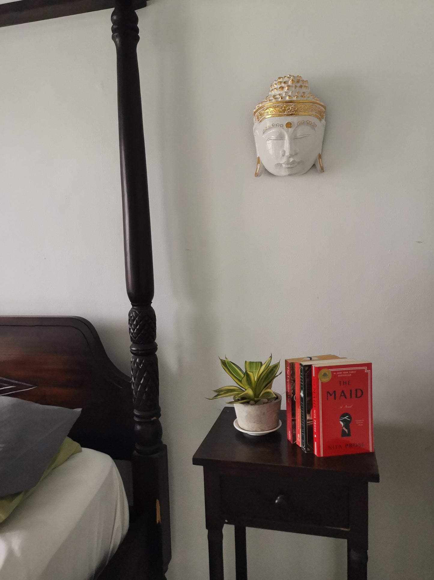 Zen Spirit White Buddha Mask with Gold Trim Hand Carved in Bali, Modern,Tropical Elegant.