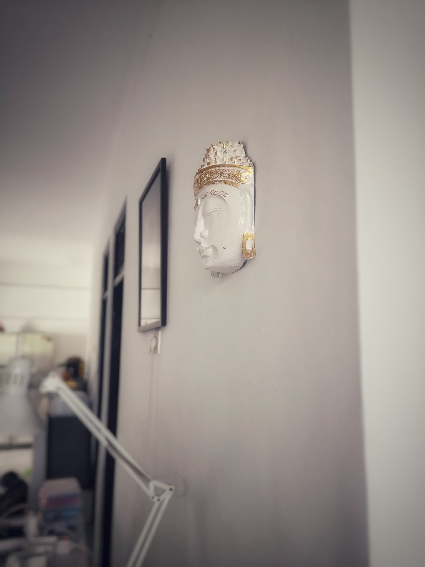 Zen Spirit White Buddha Mask with Gold Trim Hand Carved in Bali, Modern,Tropical Elegant.