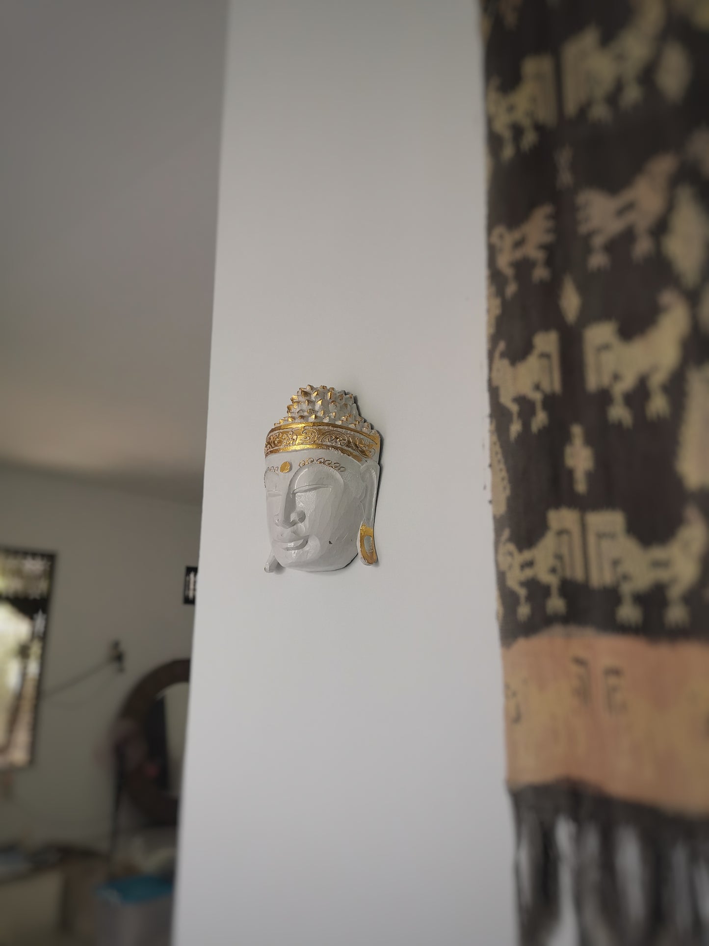 Zen Spirit White Buddha Mask with Gold Trim Hand Carved in Bali, Modern,Tropical Elegant.