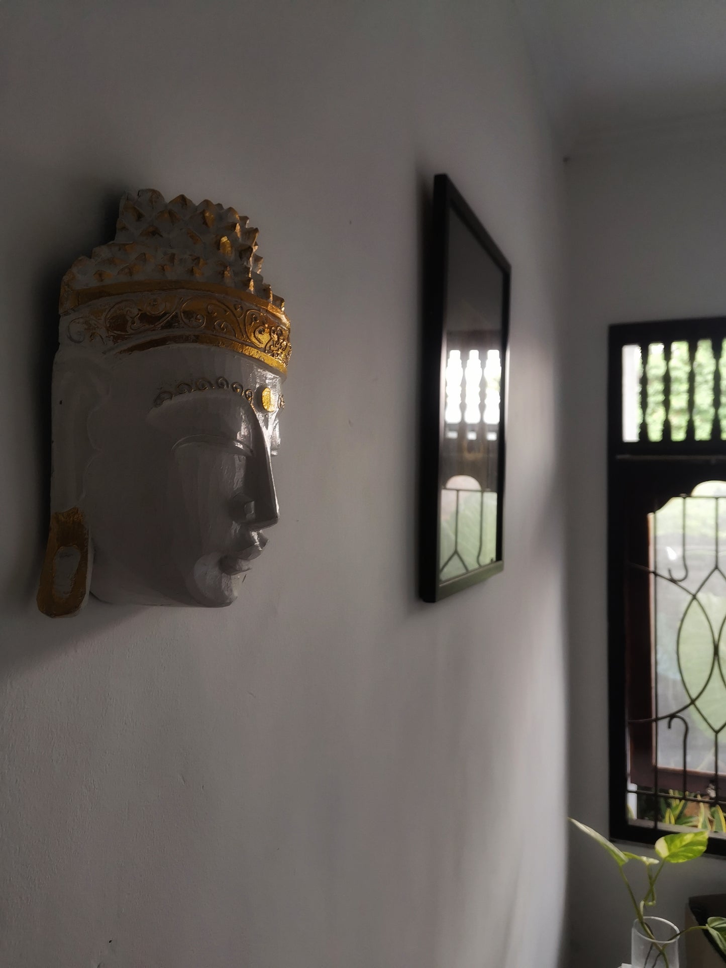 Zen Spirit White Buddha Mask with Gold Trim Hand Carved in Bali, Modern,Tropical Elegant.