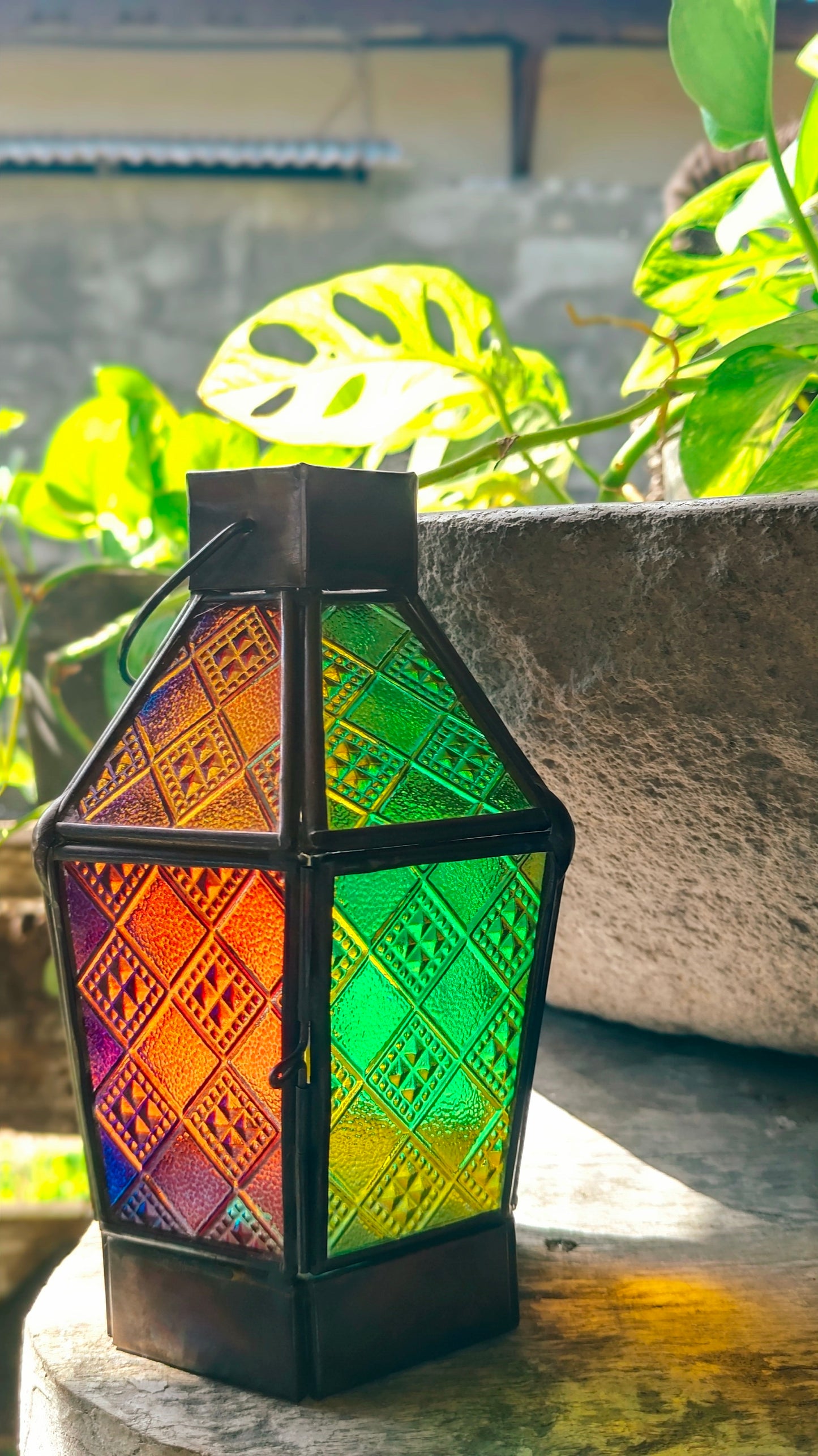 Boho Mystic Colored Glass Lantern - a Gift of Cozy Vibes, A Vibrant Addition to Any Space, Votive Candle Lantern