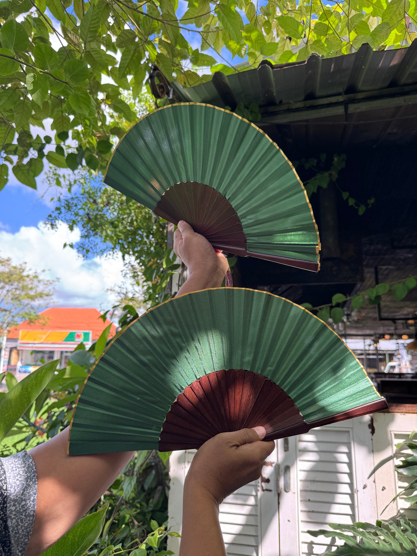Multipack Exotic Jungle Green Folding Hand Fan, Set of 2, Bali Style