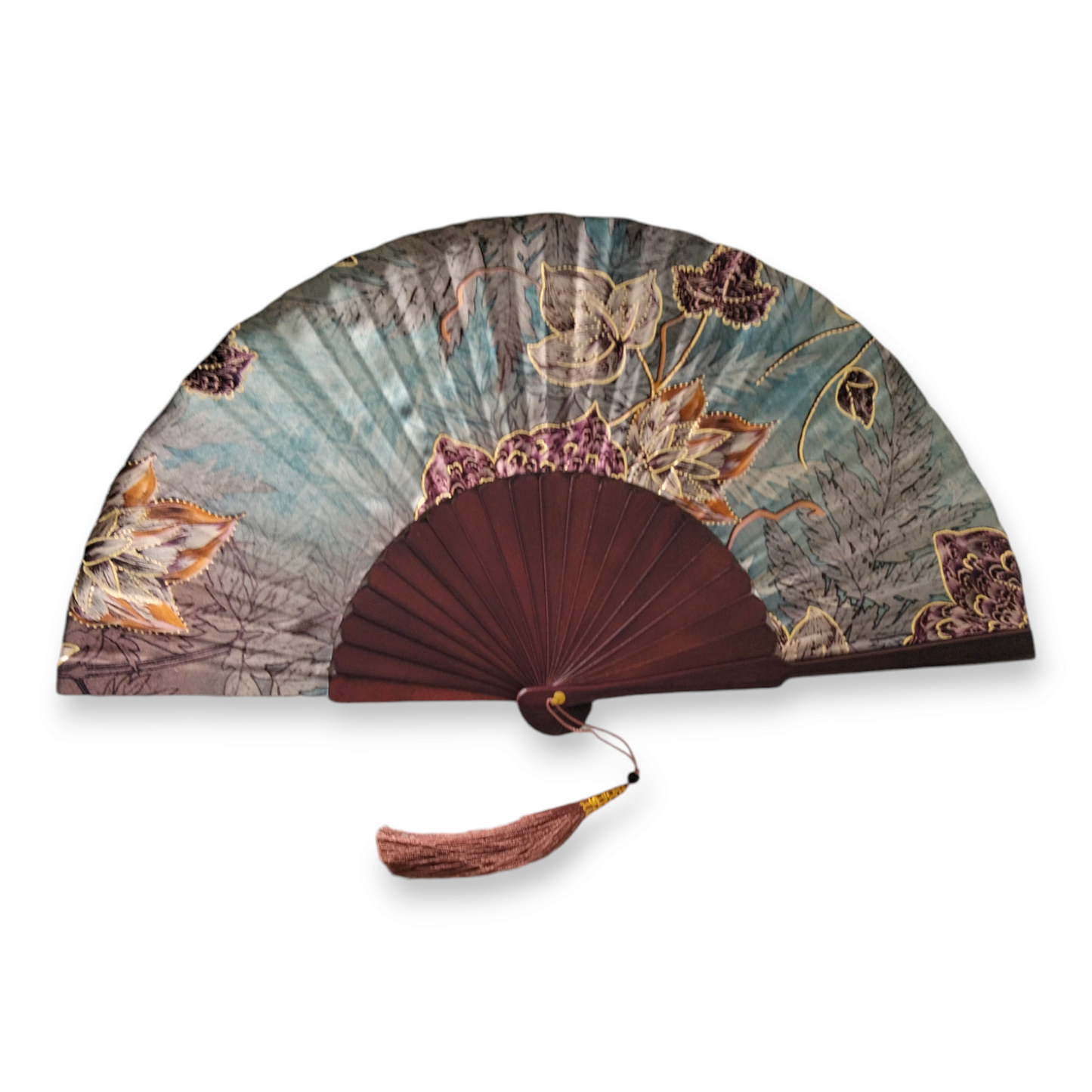 Golden Sunset Foldable fan, Handmade in Bali, Satin and Pine Wood, Keep Cool in Style at Weddings, Church, Outdoor parties, travel, the pool & the beach, Great Gift for Mom, Grandma, Wife, Girlfriend