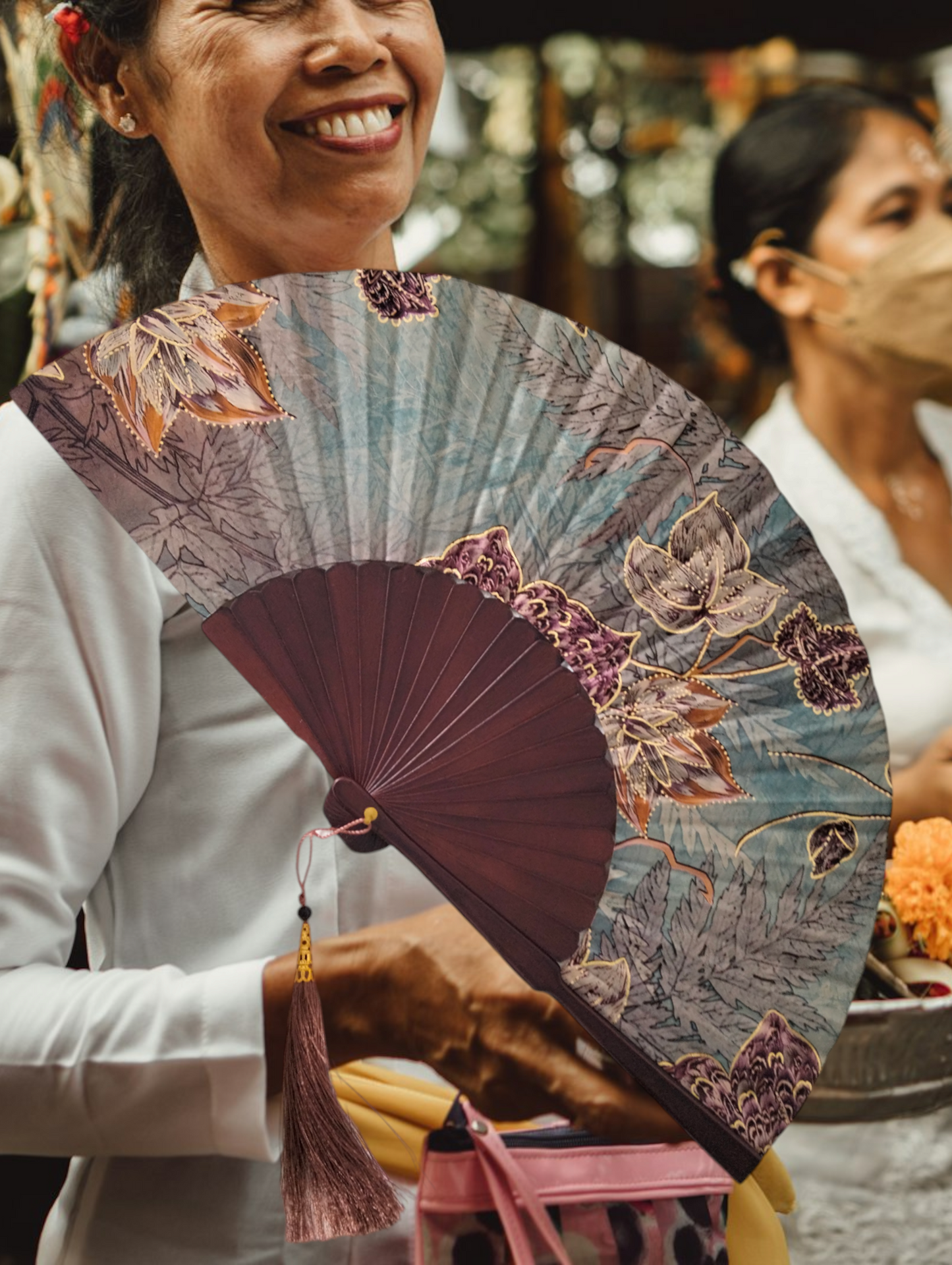 Golden Sunset Foldable fan, Handmade in Bali, Satin and Pine Wood, Keep Cool in Style at Weddings, Church, Outdoor parties, travel, the pool & the beach, Great Gift for Mom, Grandma, Wife, Girlfriend