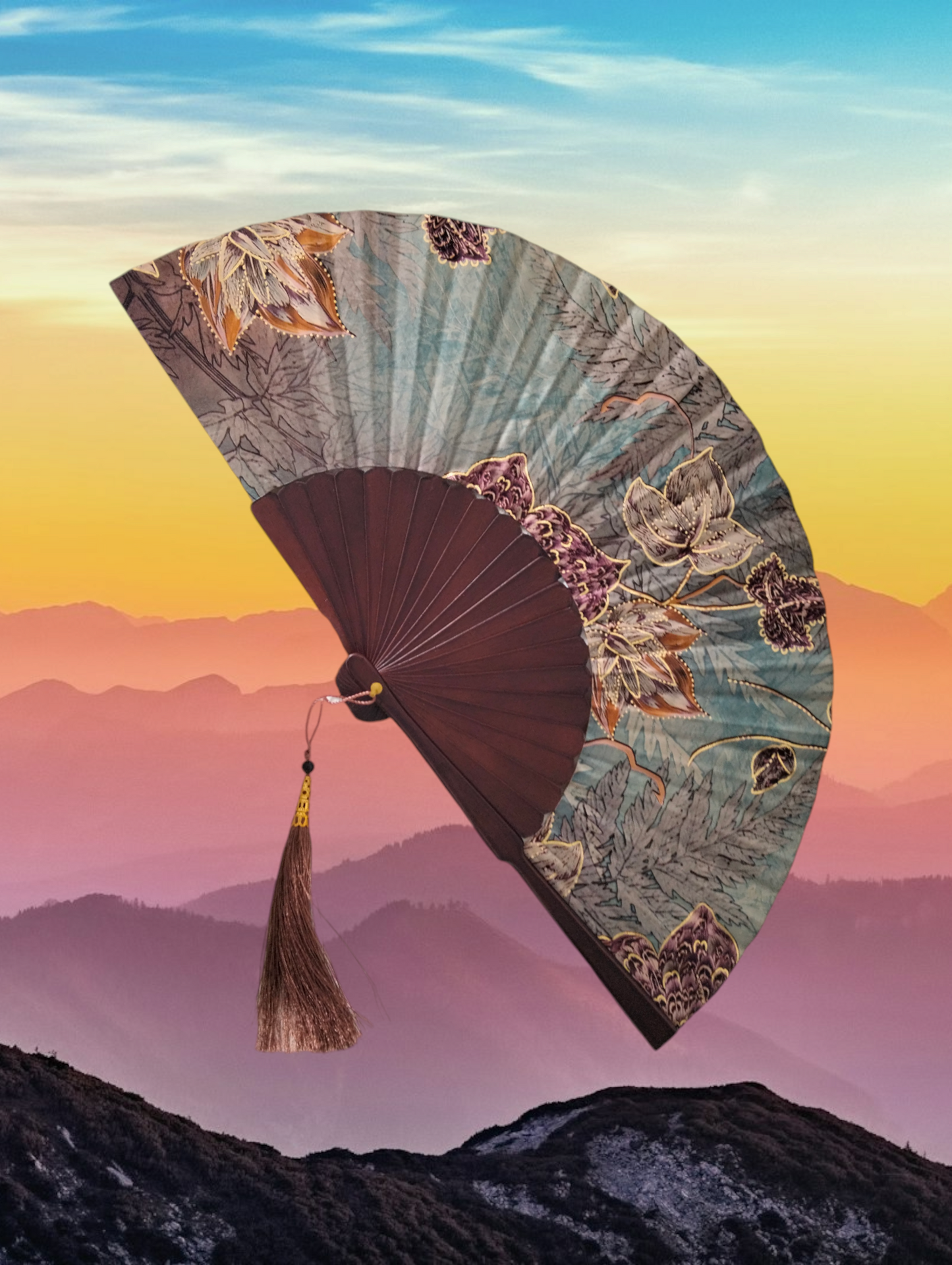 Golden Sunset Foldable fan, Handmade in Bali, Satin and Pine Wood, Keep Cool in Style at Weddings, Church, Outdoor parties, travel, the pool & the beach, Great Gift for Mom, Grandma, Wife, Girlfriend
