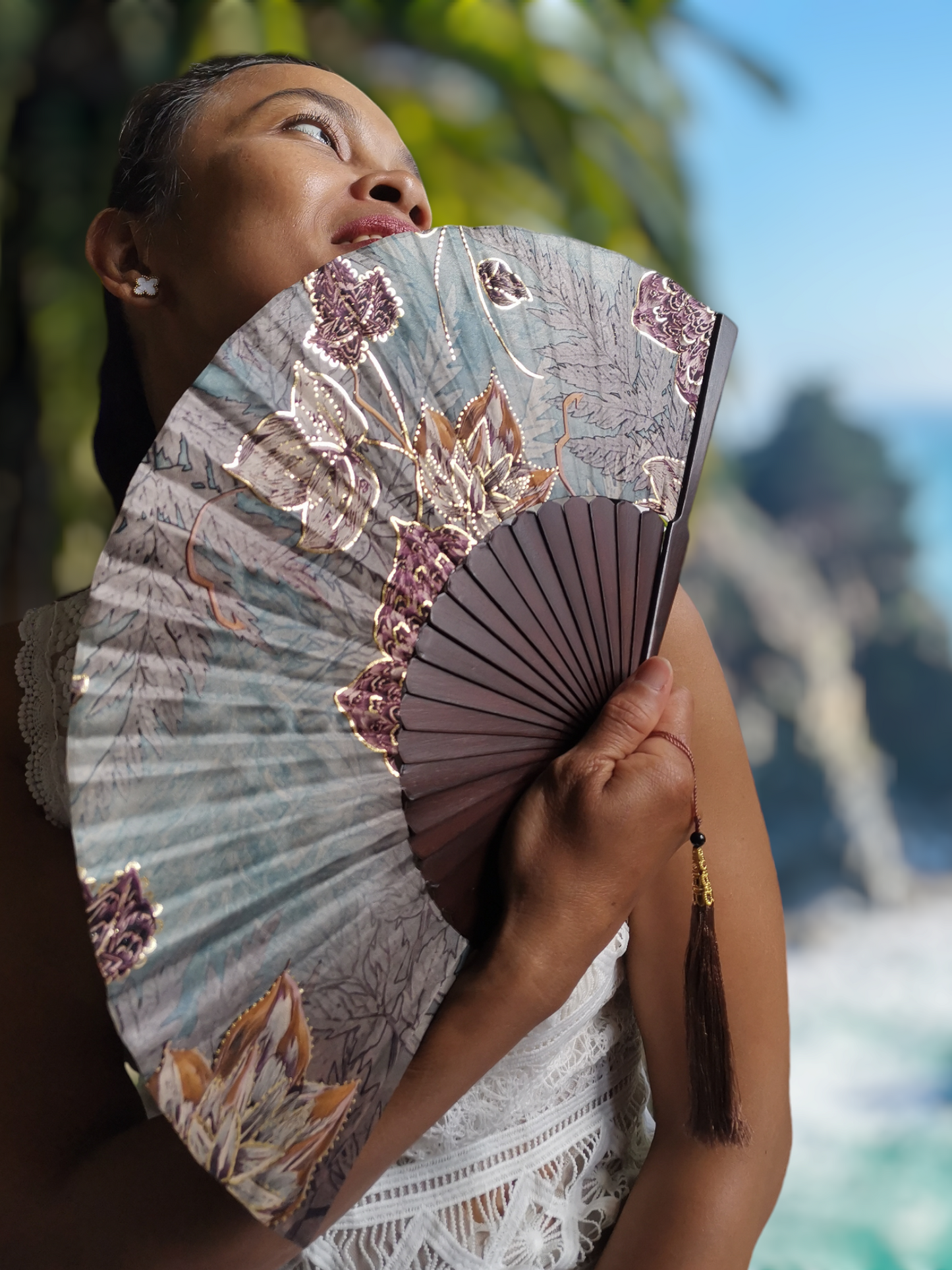 Golden Sunset Foldable fan, Handmade in Bali, Satin and Pine Wood, Keep Cool in Style at Weddings, Church, Outdoor parties, travel, the pool & the beach, Great Gift for Mom, Grandma, Wife, Girlfriend