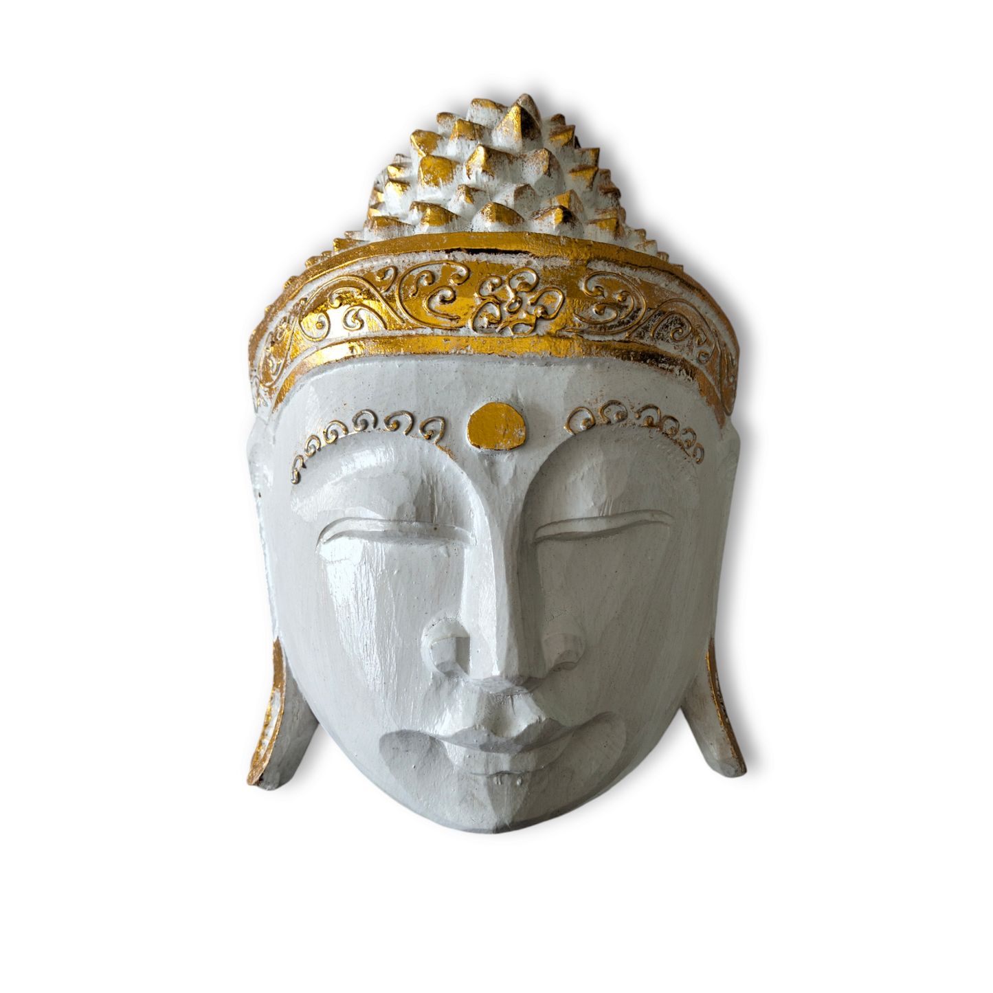 Zen Spirit White Buddha Mask with Gold Trim Hand Carved in Bali, Modern,Tropical Elegant.