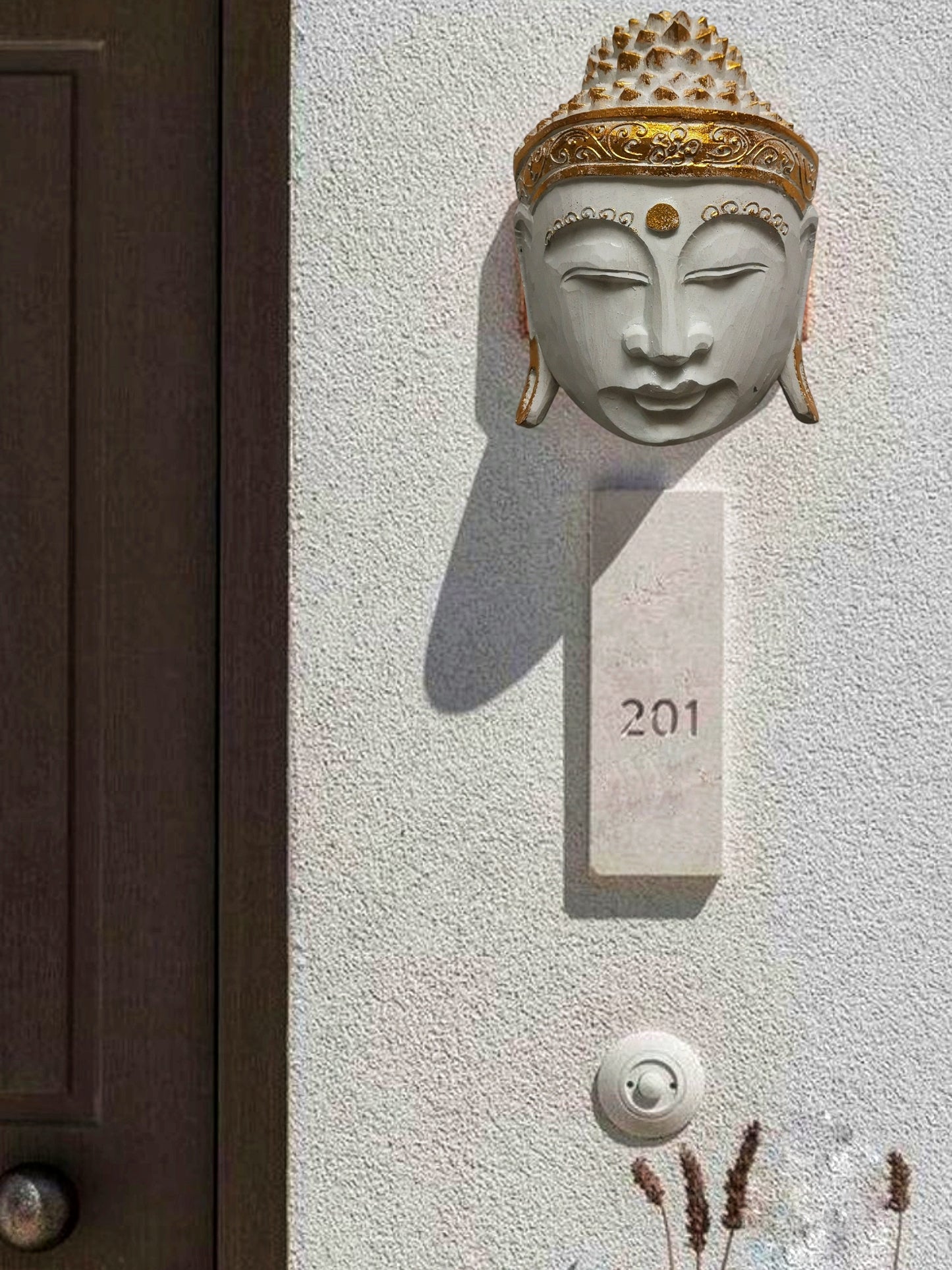 Zen Spirit White Buddha Mask with Gold Trim Hand Carved in Bali, Modern,Tropical Elegant.