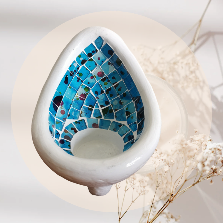 Tear Drop Candle Holder - Exotic Blue Mosaic Tiles - Handcrafted in Bali - Unique Home Decor - 6.5 Inches - Great Gift