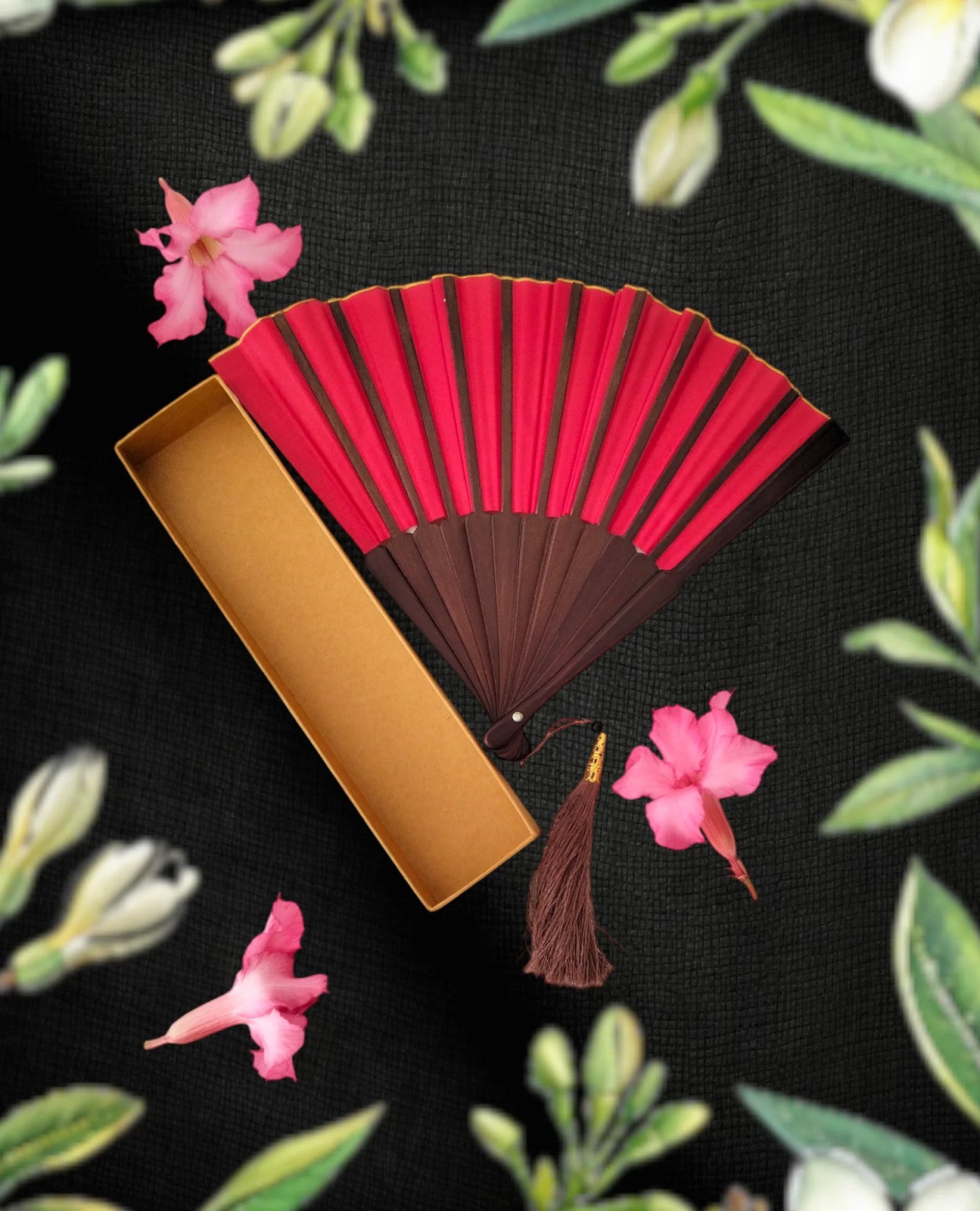 Scarlet Rose Wooden Folding Hand Fan, Handmade in Bali, Keep Cool in Style at