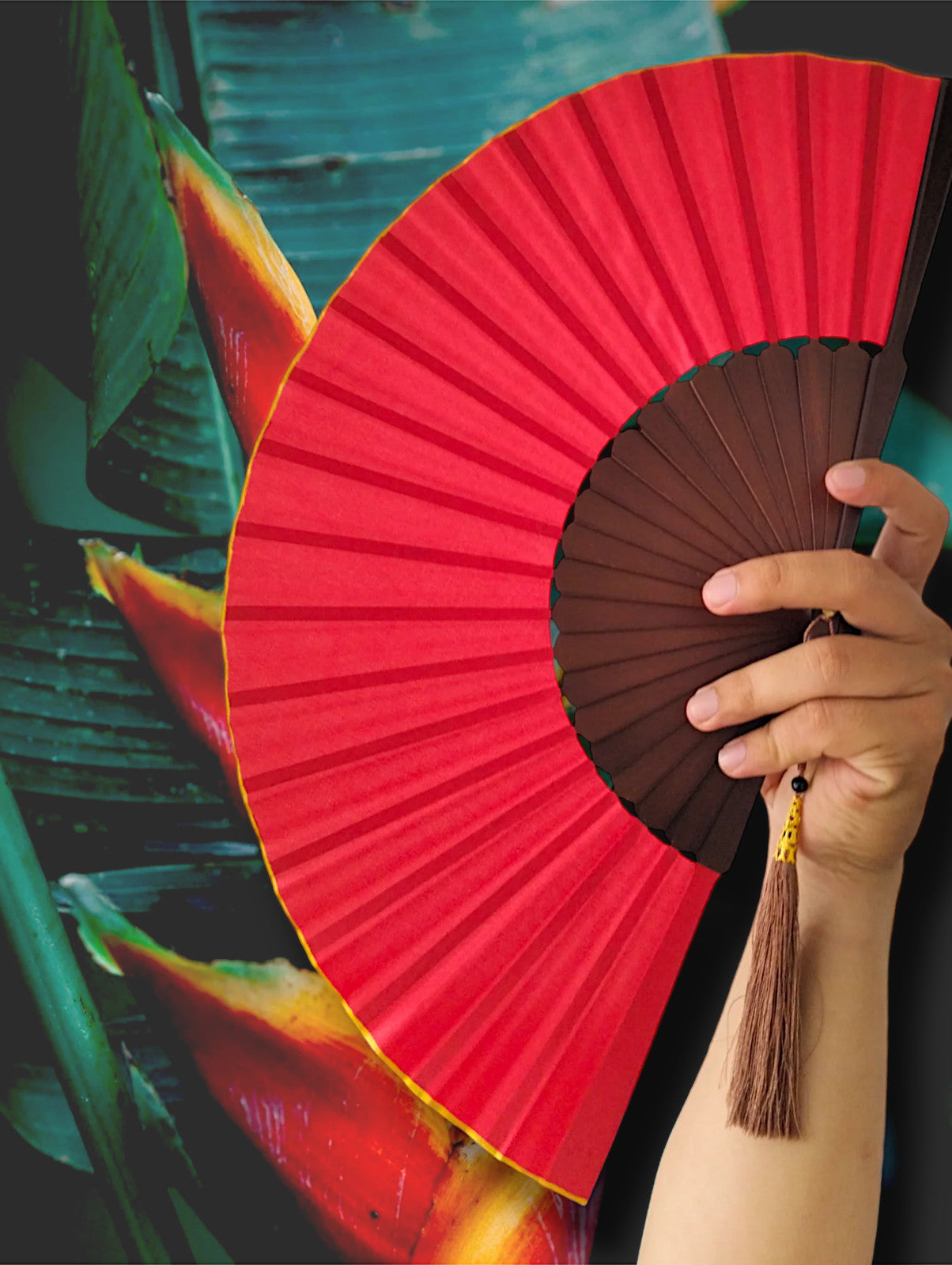 Scarlet Rose Wooden Folding Hand Fan, Handmade in Bali, Keep Cool in Style at