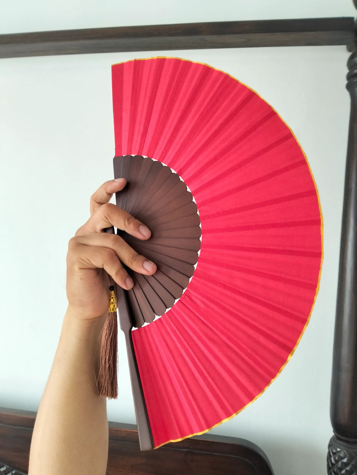 Scarlet Rose Wooden Folding Hand Fan, Handmade in Bali, Keep Cool in Style at