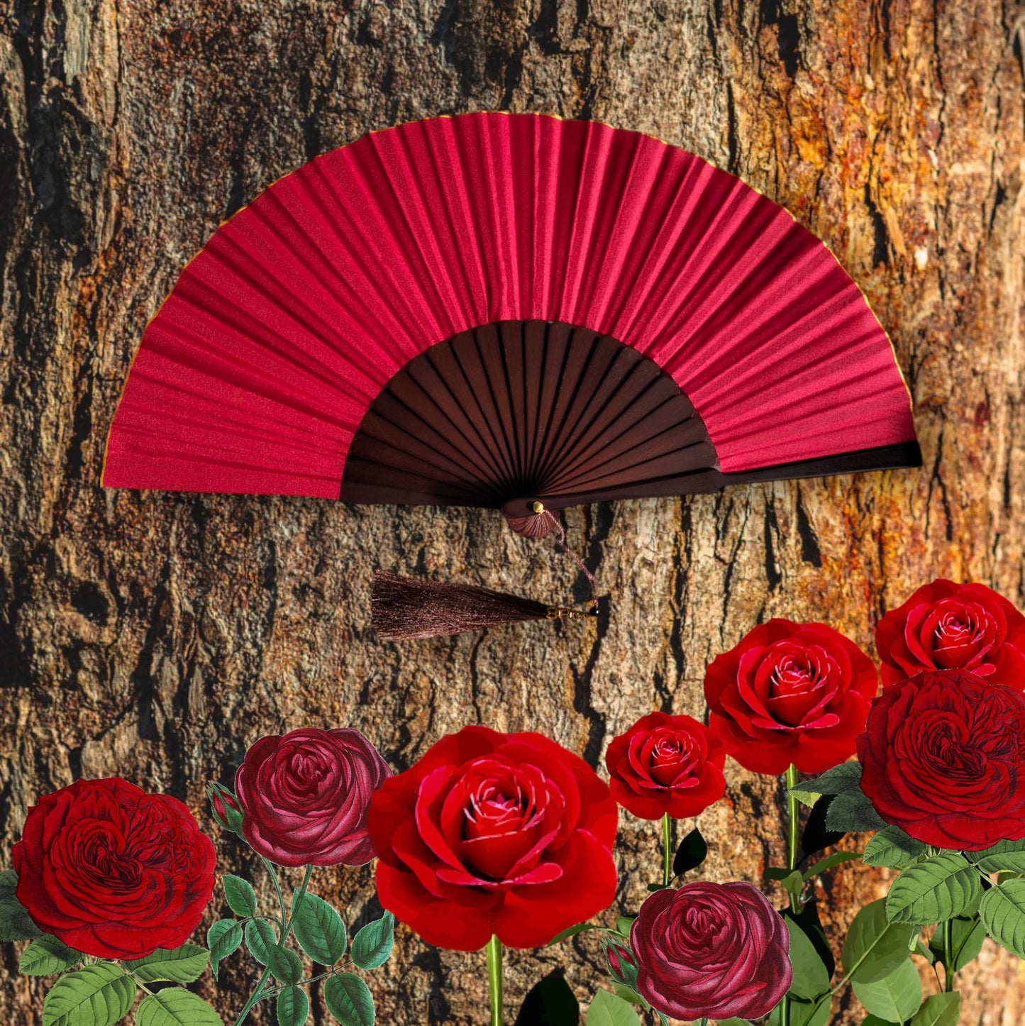 Scarlet Rose Wooden Folding Hand Fan, Handmade in Bali, Keep Cool in Style at