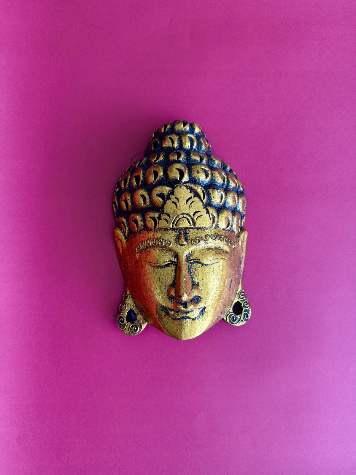 Golden Serenity Wooden Buddha Mask – Hand-Carved in Exotic Bali, Housewarming Gift, Tropical, Modern, Elegant, Adds Calming Tranquility to Your Room, Hallway, Office or Shop