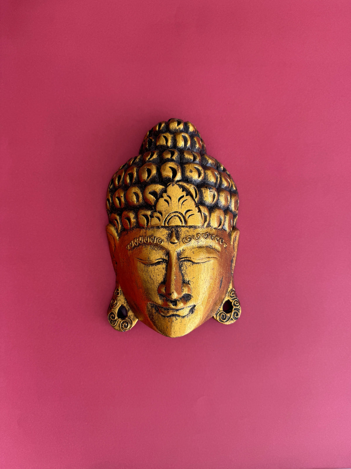 Golden Serenity Wooden Buddha Mask – Hand-Carved in Exotic Bali, Housewarming Gift, Tropical, Modern, Elegant, Adds Calming Tranquility to Your Room, Hallway, Office or Shop