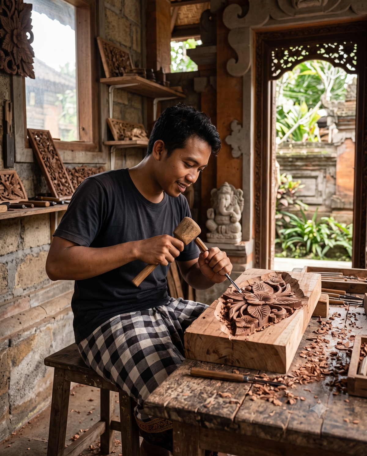 Handmade Balinese Wooden Floral Wall Carving – Hand-Carved Botanical Wall Décor
