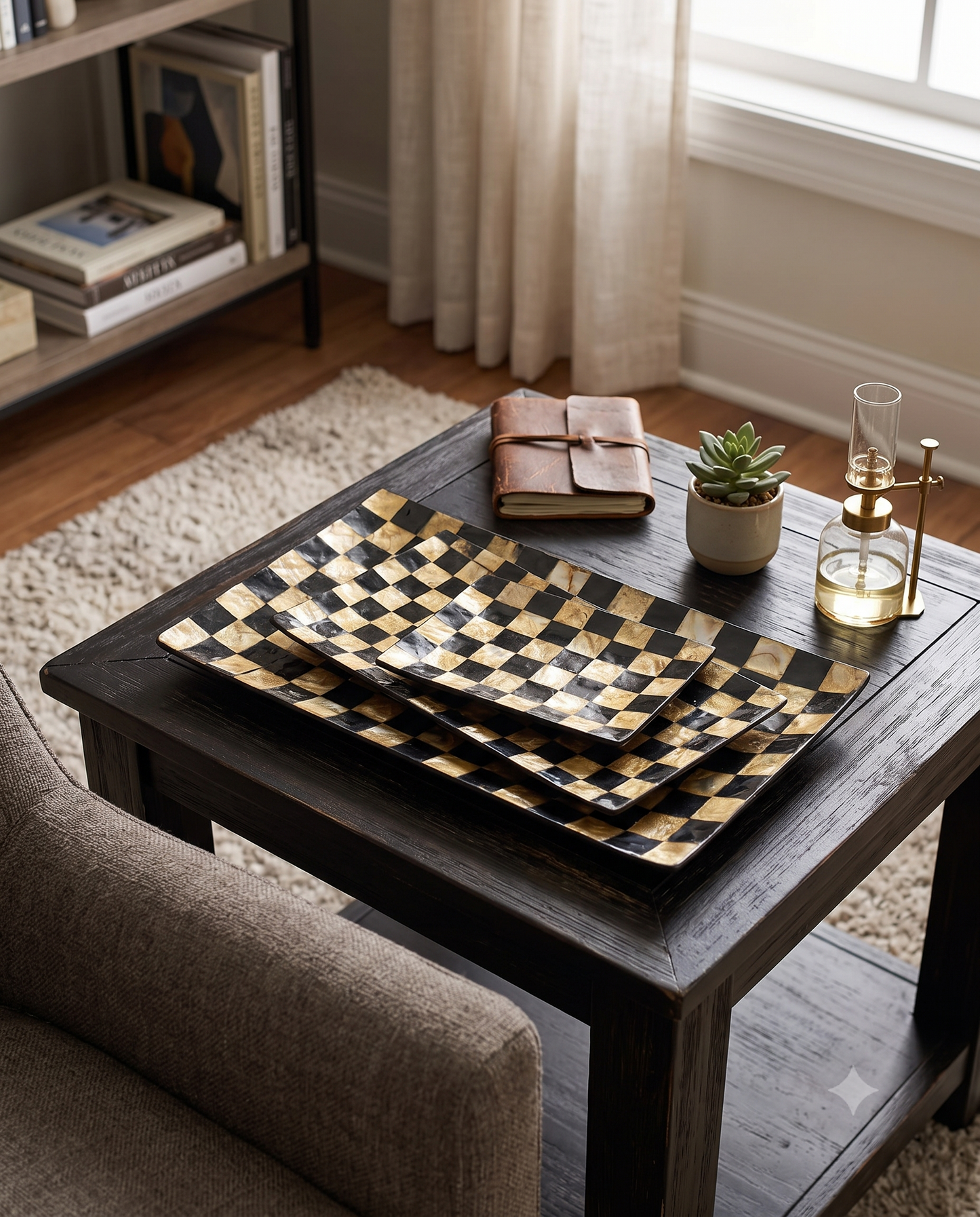 Black & Gold Shell Plates Handmade in Bali Set of 3 (large, medium, small)