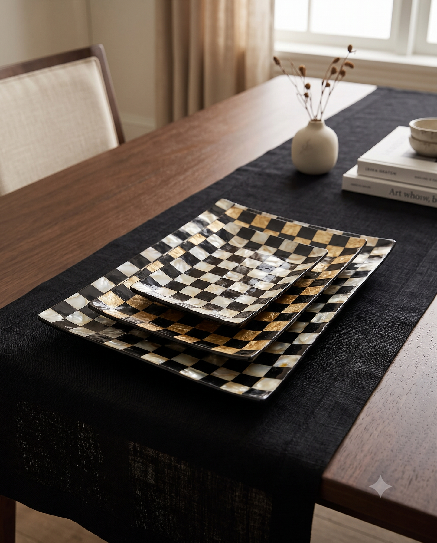 Black & Gold Shell Plates Handmade in Bali Set of 3 (large, medium, small)