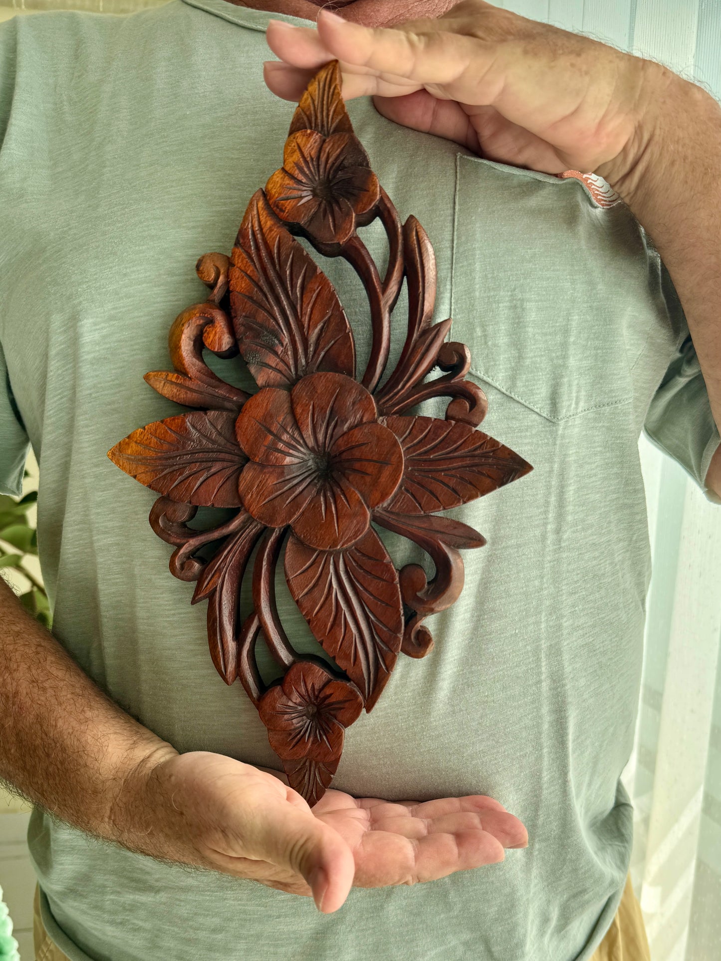 Handmade Balinese Wooden Floral Wall Carving – Hand-Carved Botanical Wall Décor