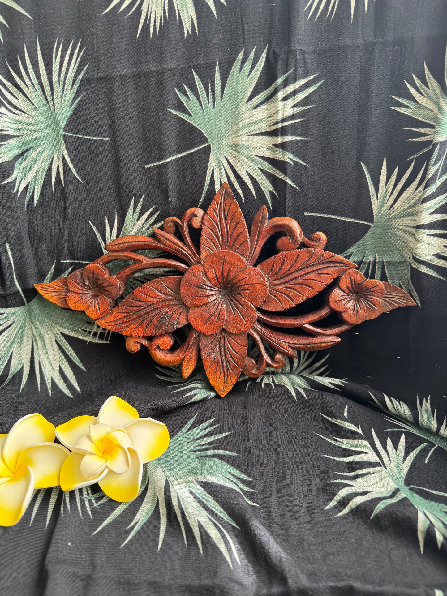 Handmade Balinese Wooden Floral Wall Carving – Hand-Carved Botanical Wall Décor