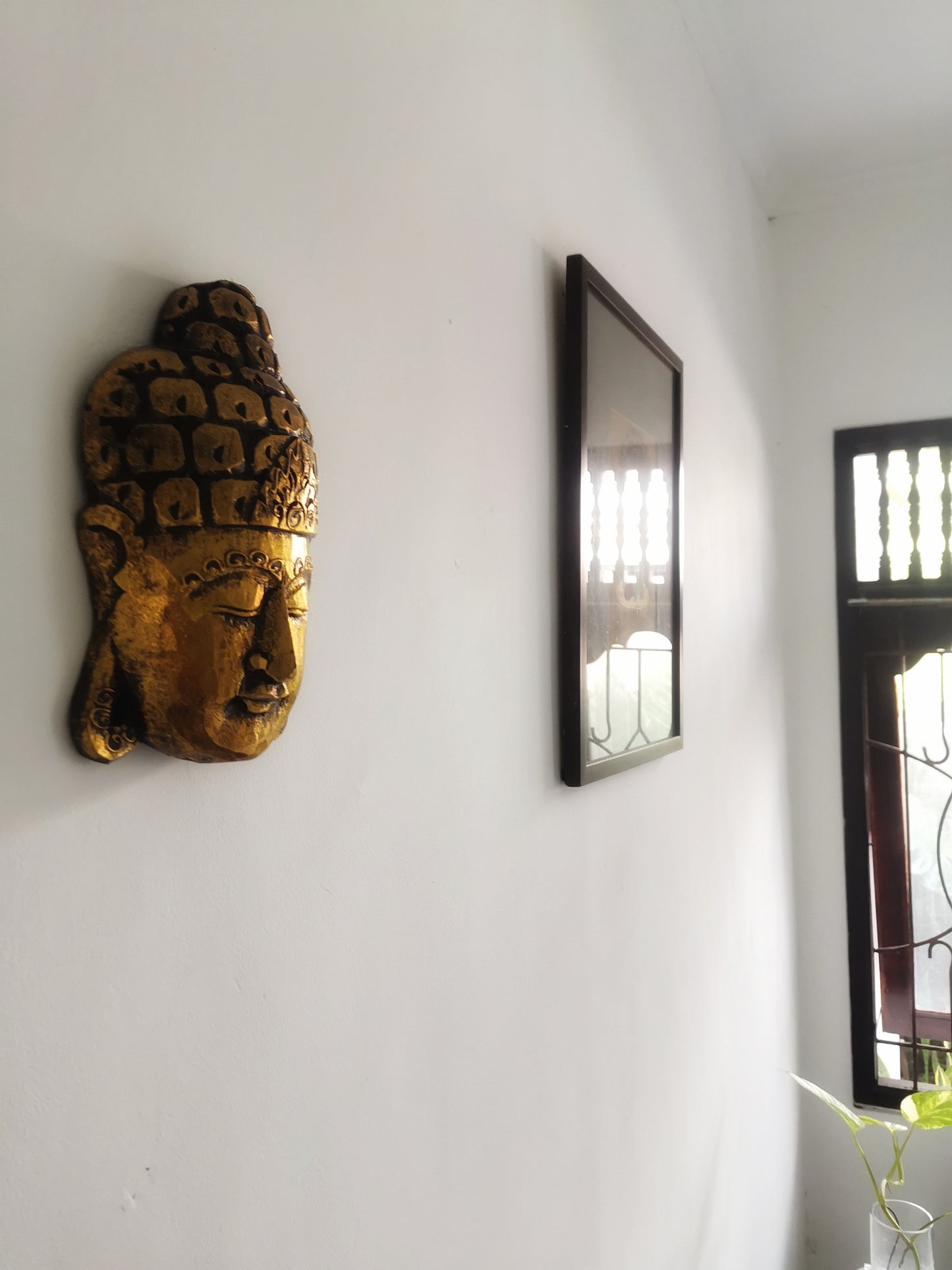Golden Serenity Wooden Buddha Mask – Hand-Carved in Exotic Bali, Perfect Housewarming Gift, Tropical, Modern, Elegant, Adds a Calming Tranquility to Your Living Room, Hallway, Office or Shop