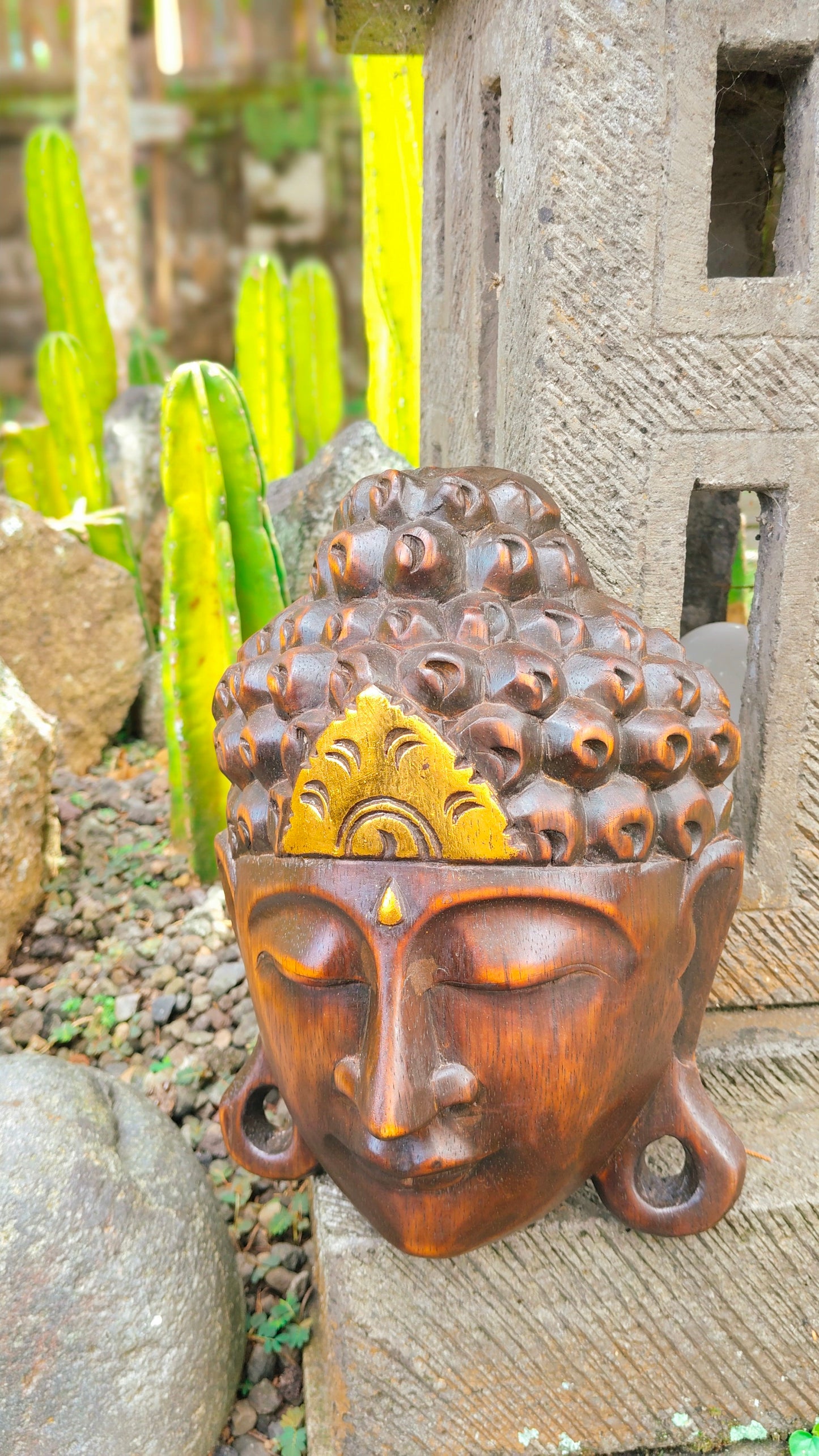 Natural Wood with Gold Touch Buddha Mask Exquisite Bali Craftsmanship for Serenity and Elegance, Wall Decor