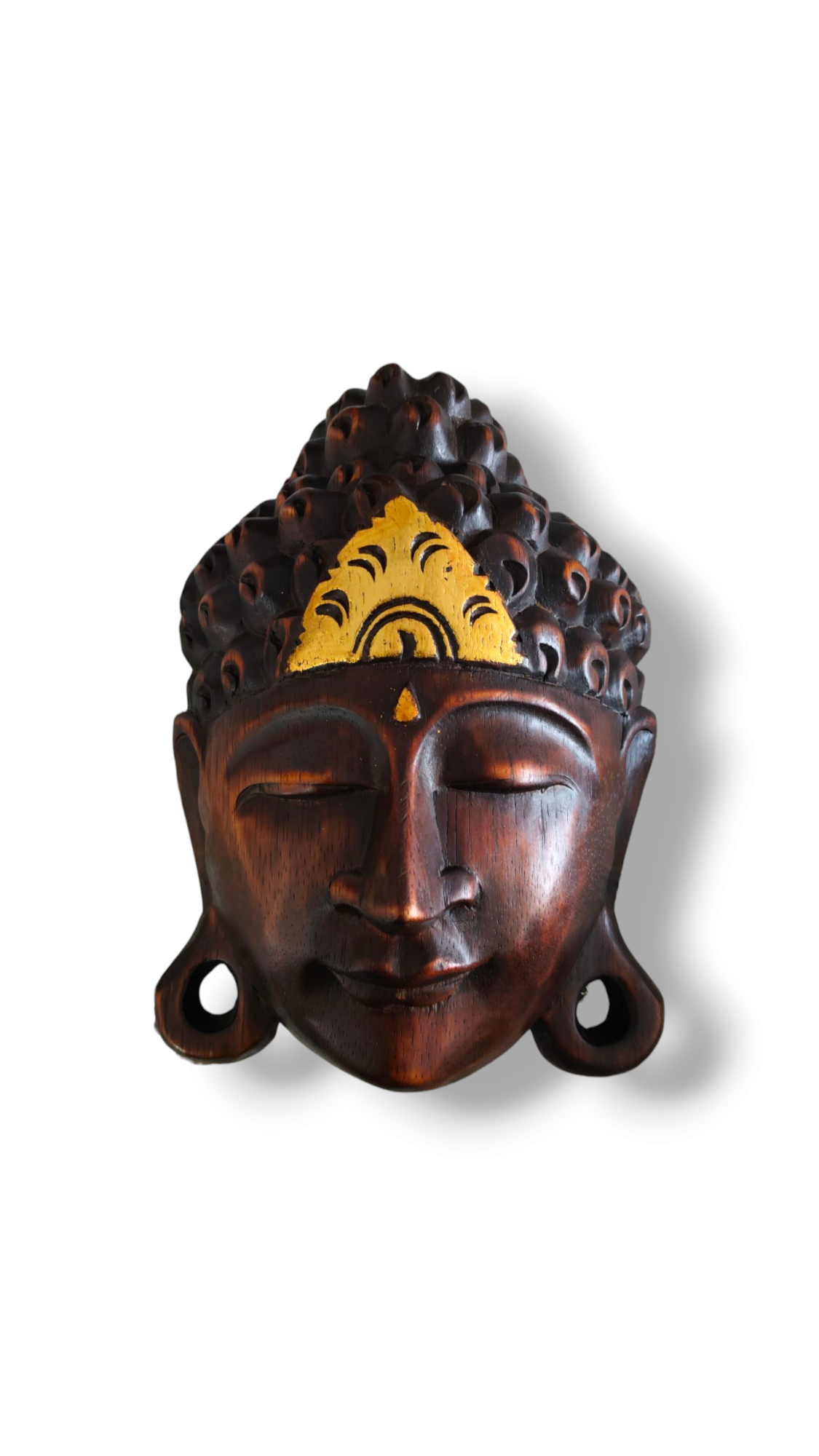 Natural Wood with Gold Touch Buddha Mask Exquisite Bali Craftsmanship for Serenity and Elegance, Wall Decor