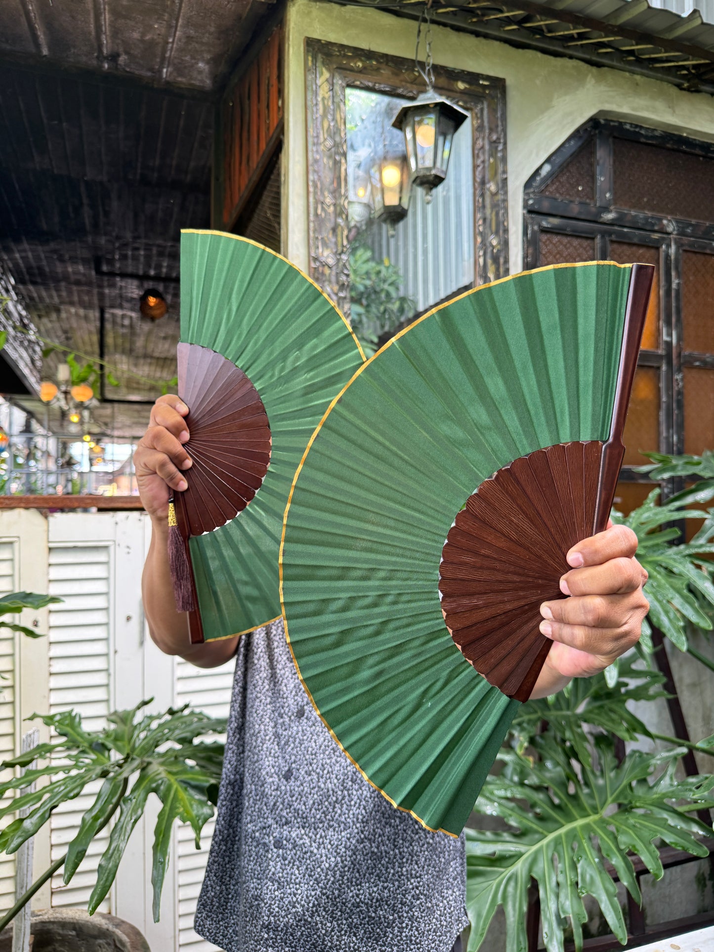 Multipack Exotic Jungle Green Folding Hand Fan, Set of 2, Bali Style