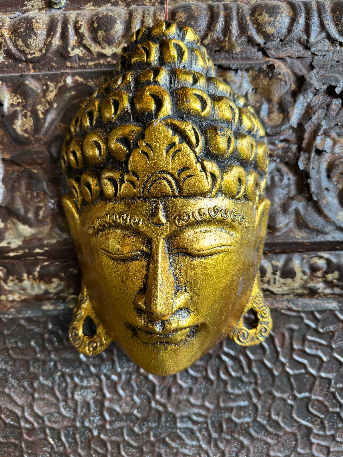 Golden Serenity Wooden Buddha Mask – Hand-Carved in Exotic Bali, Housewarming Gift, Tropical, Modern, Elegant, Adds Calming Tranquility to Your Room, Hallway, Office or Shop