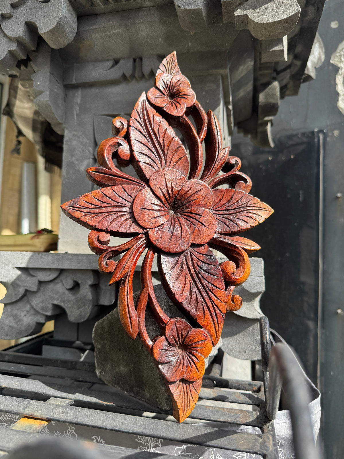 Handmade Balinese Wooden Floral Wall Carving – Hand-Carved Botanical Wall Décor