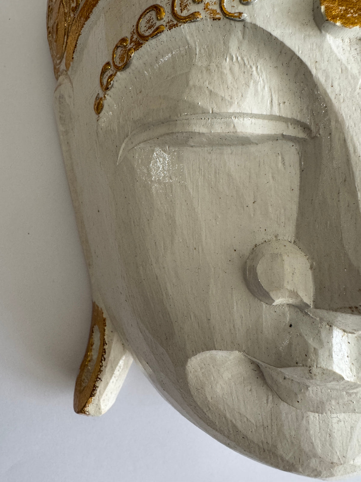Zen Spirit White Buddha Mask with Gold Trim Hand Carved in Bali, Modern,Tropical Elegant