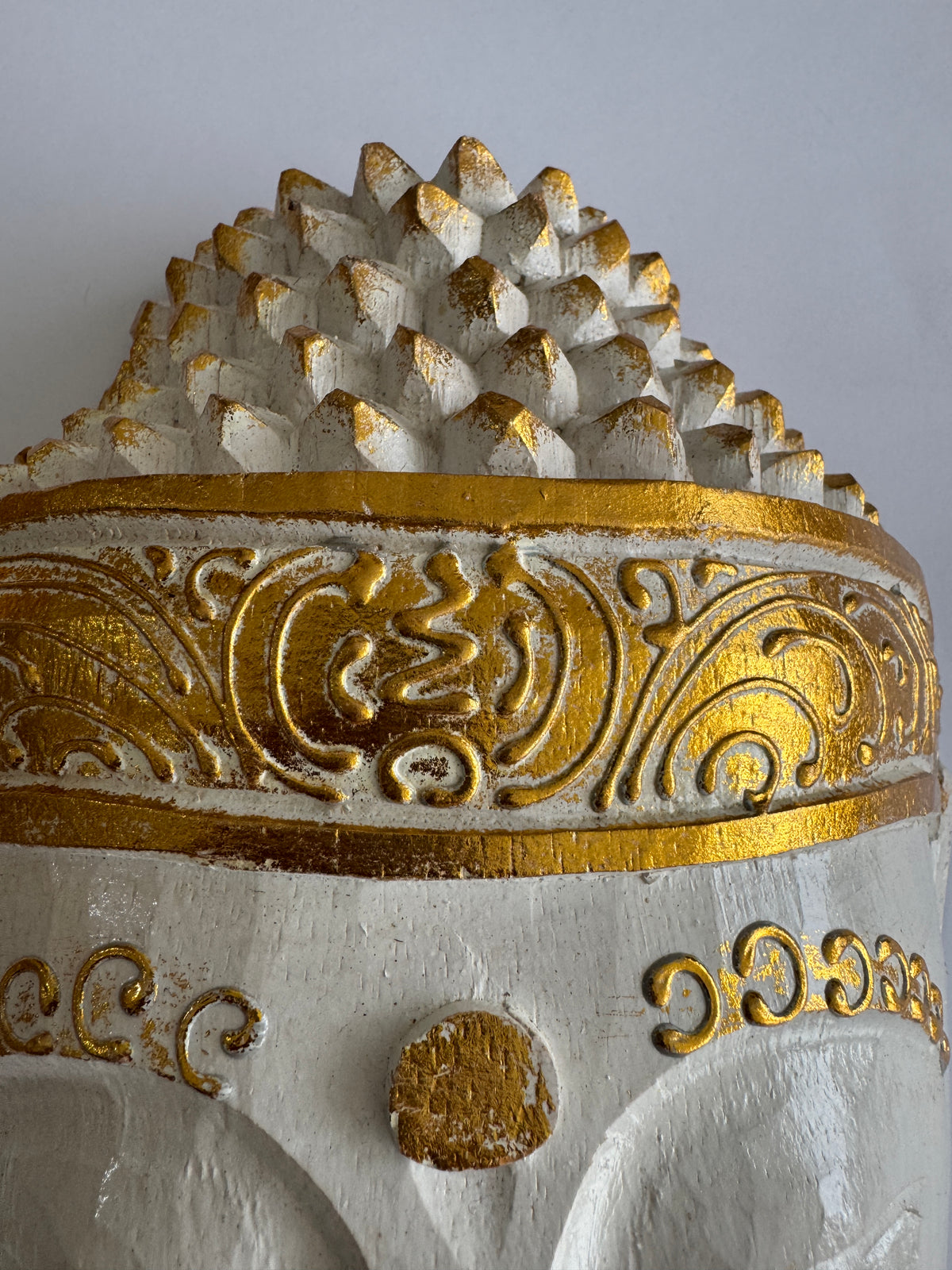 Zen Spirit White Buddha Mask with Gold Trim Hand Carved in Bali, Modern,Tropical Elegant