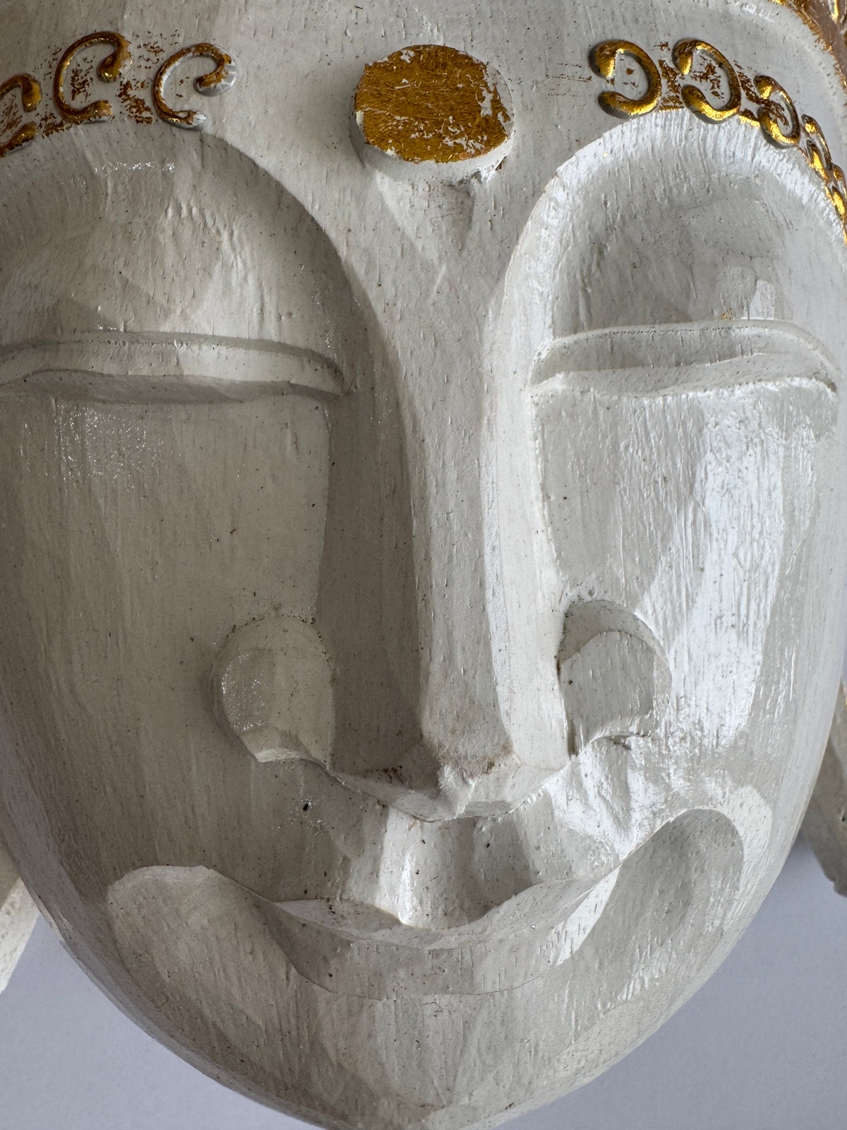 Zen Spirit White Buddha Mask with Gold Trim Hand Carved in Bali, Modern,Tropical Elegant