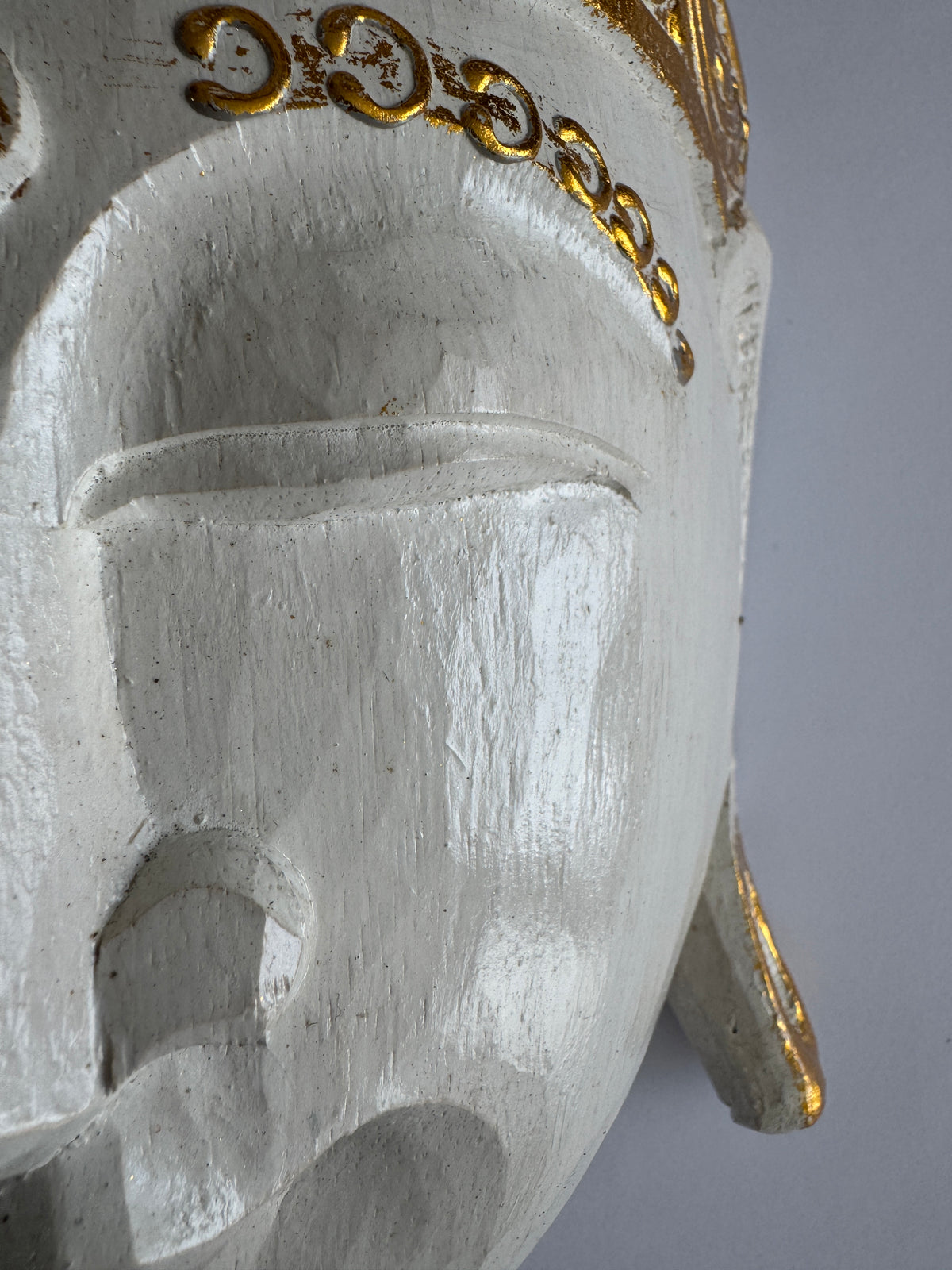 Zen Spirit White Buddha Mask with Gold Trim Hand Carved in Bali, Modern,Tropical Elegant