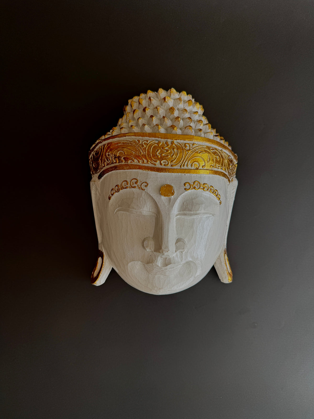 Zen Spirit White Buddha Mask with Gold Trim Hand Carved in Bali, Modern,Tropical Elegant