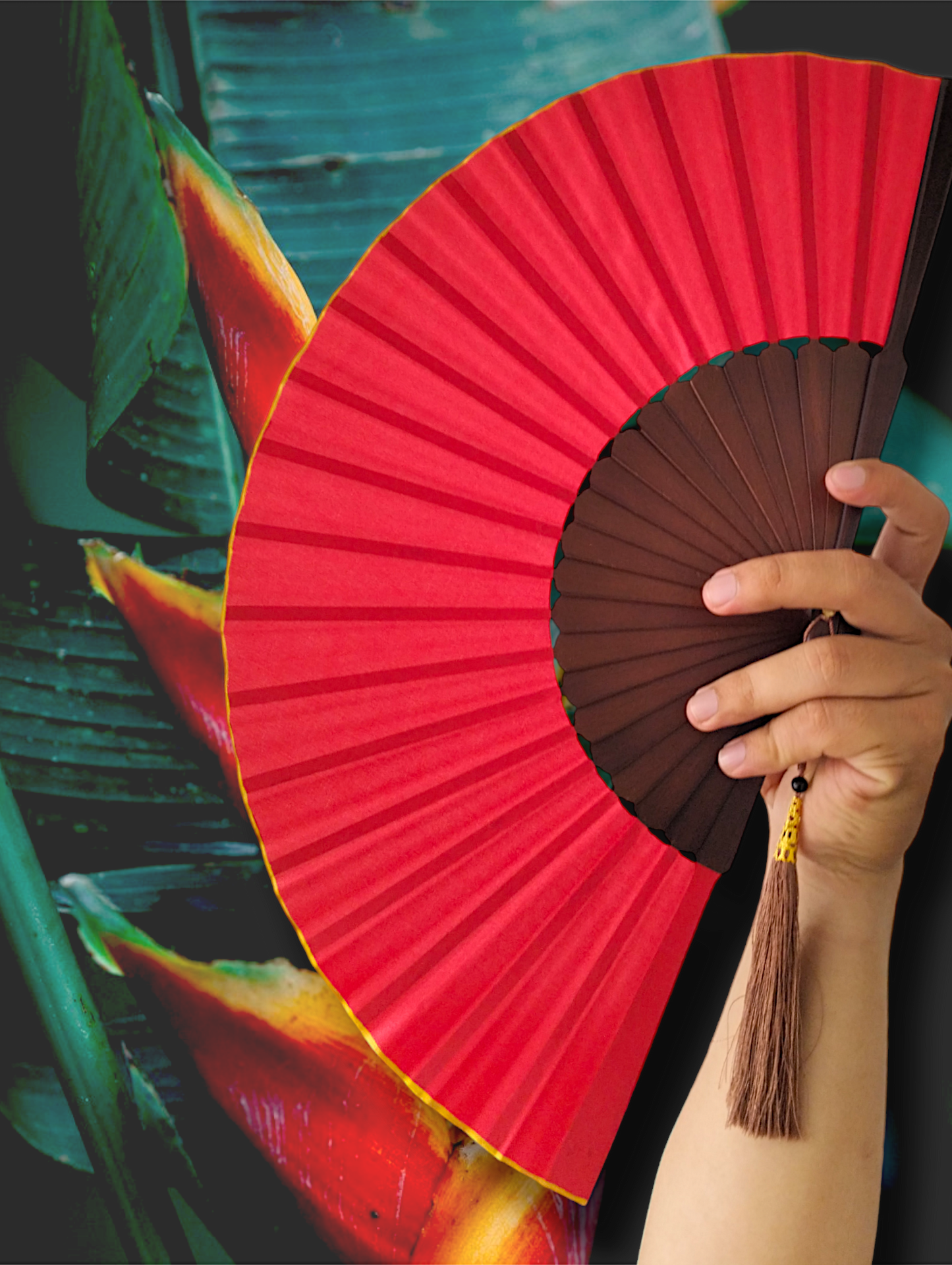Scarlet Rose Wooden Folding Hand Fan, Handmade in Bali, Keep Cool in Style at Church Weddings Parties, Travel, Beach Pool, Easy Carry, Excellent Boho Gift for Mom & Grandma, Home Decoration