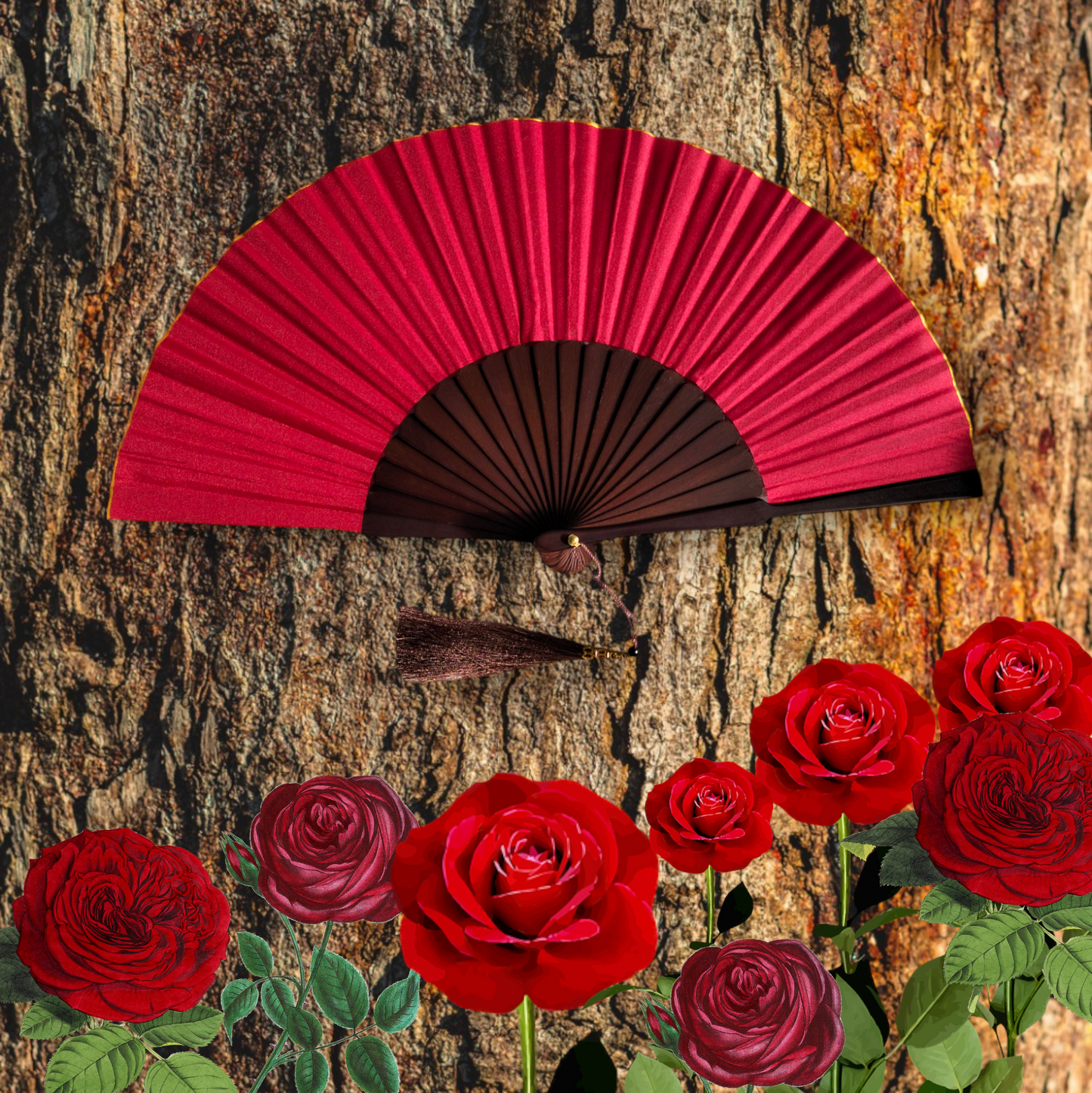 Scarlet Rose Wooden Folding Hand Fan, Handmade in Bali, Keep Cool in Style at Church Weddings Parties, Travel, Beach Pool, Easy Carry, Excellent Boho Gift for Mom & Grandma, Home Decoration