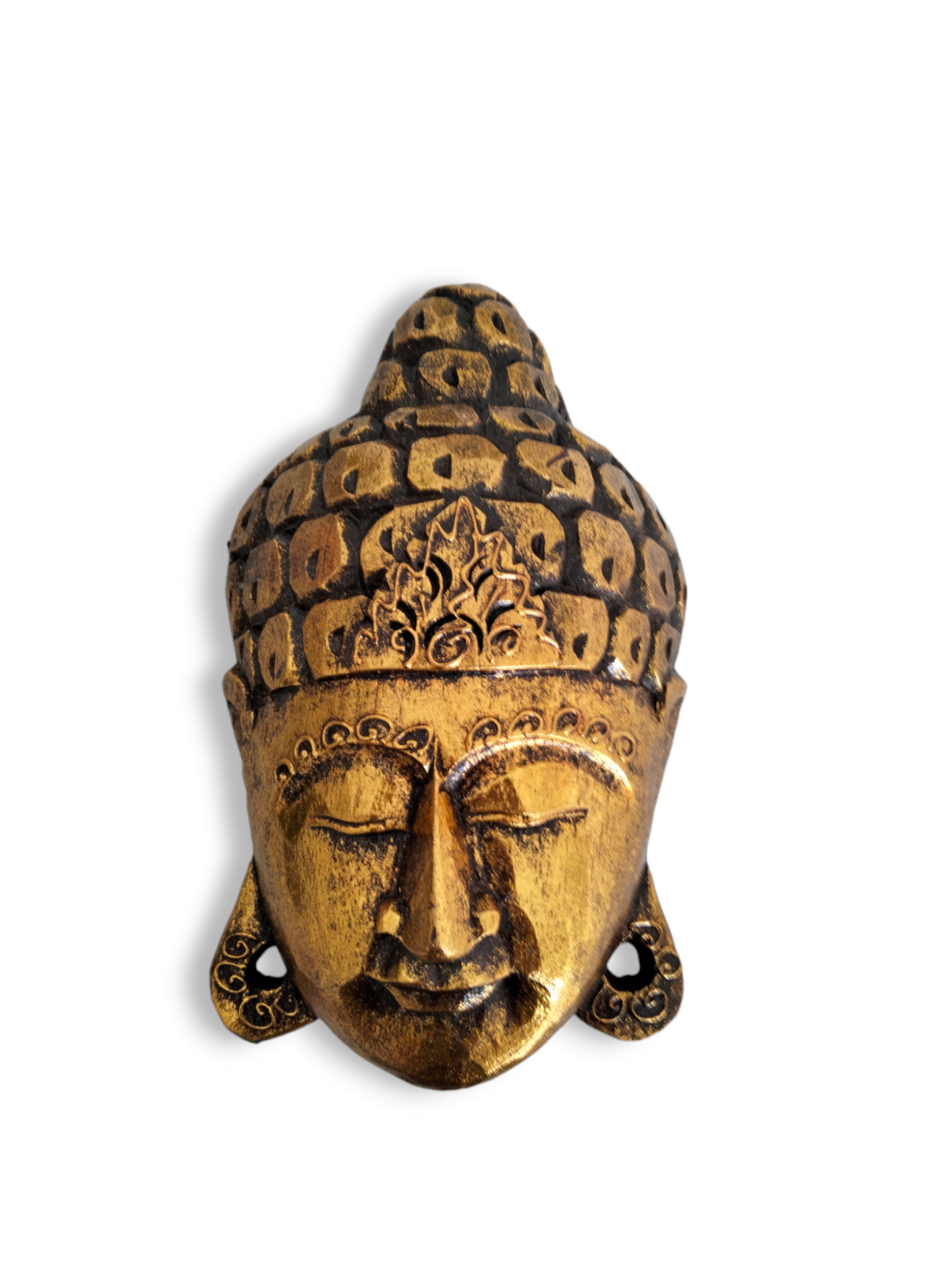 Golden Serenity Wooden Buddha Mask – Hand-Carved in Exotic Bali, Perfect Housewarming Gift, Tropical, Modern, Elegant, Adds a Calming Tranquility to Your Living Room, Hallway, Office or Shop