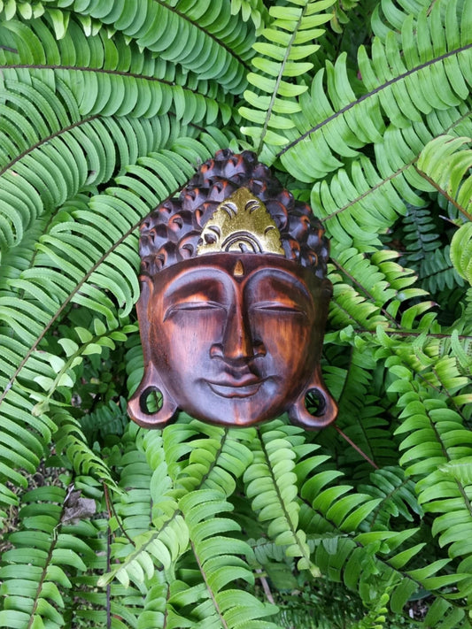Natural Wood with Gold Touch Buddha Mask Exquisite Bali Craftsmanship for Serenity and Elegance, Wall Decor