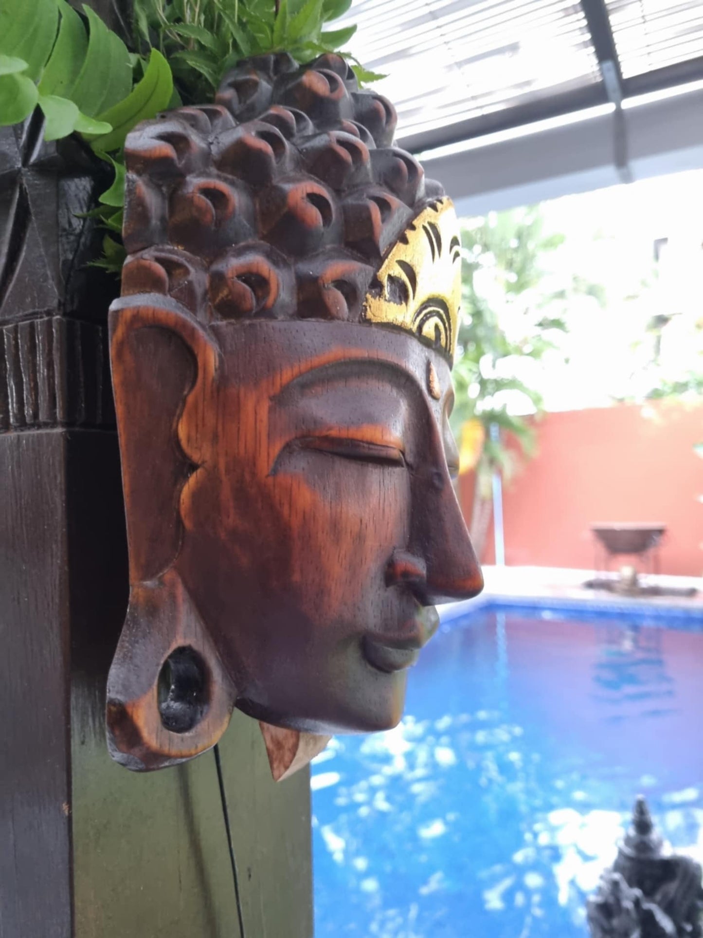 Natural Wood with Gold Touch Buddha Mask Exquisite Bali Craftsmanship for Serenity and Elegance, Wall Decor
