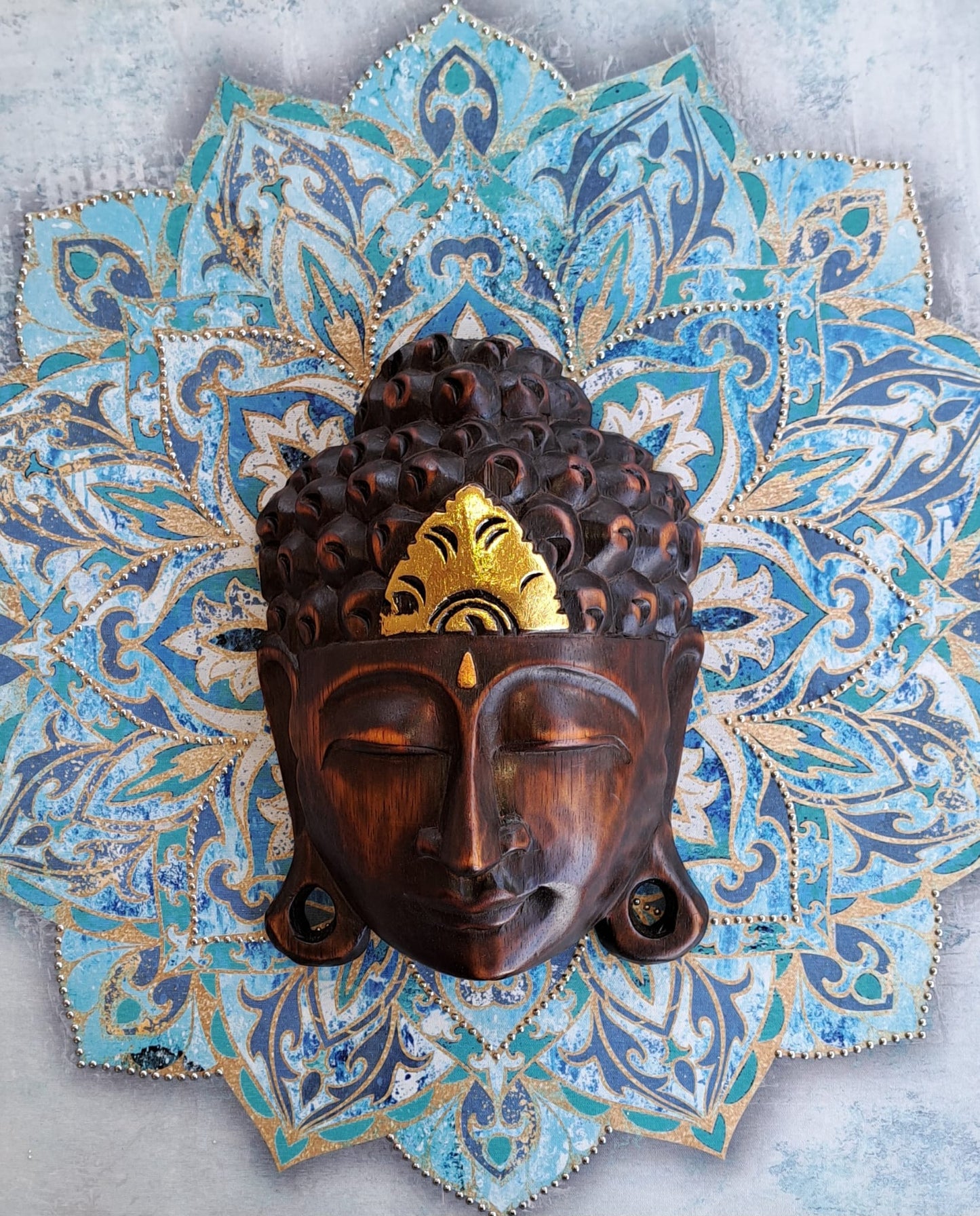 Natural Wood with Gold Touch Buddha Mask Exquisite Bali Craftsmanship for Serenity and Elegance, Wall Decor