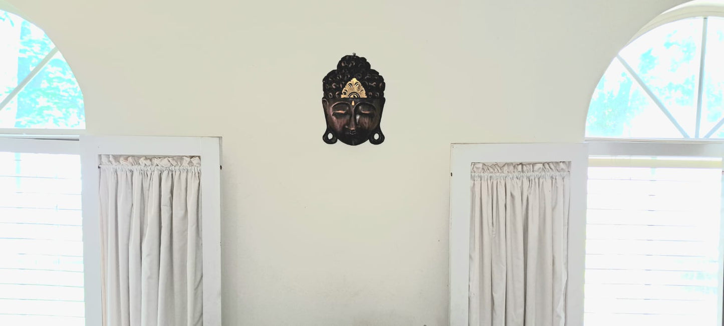 Natural Wood with Gold Touch Buddha Mask Exquisite Bali Craftsmanship for Serenity and Elegance, Wall Decor
