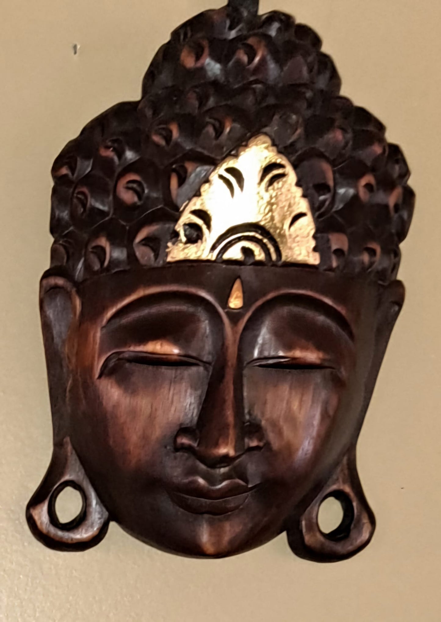 Natural Wood with Gold Touch Buddha Mask Exquisite Bali Craftsmanship for Serenity and Elegance, Wall Decor